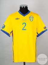Mikael Lustig yellow and blue No.2 Sweden v. Finland match issued short-sleeved shirt