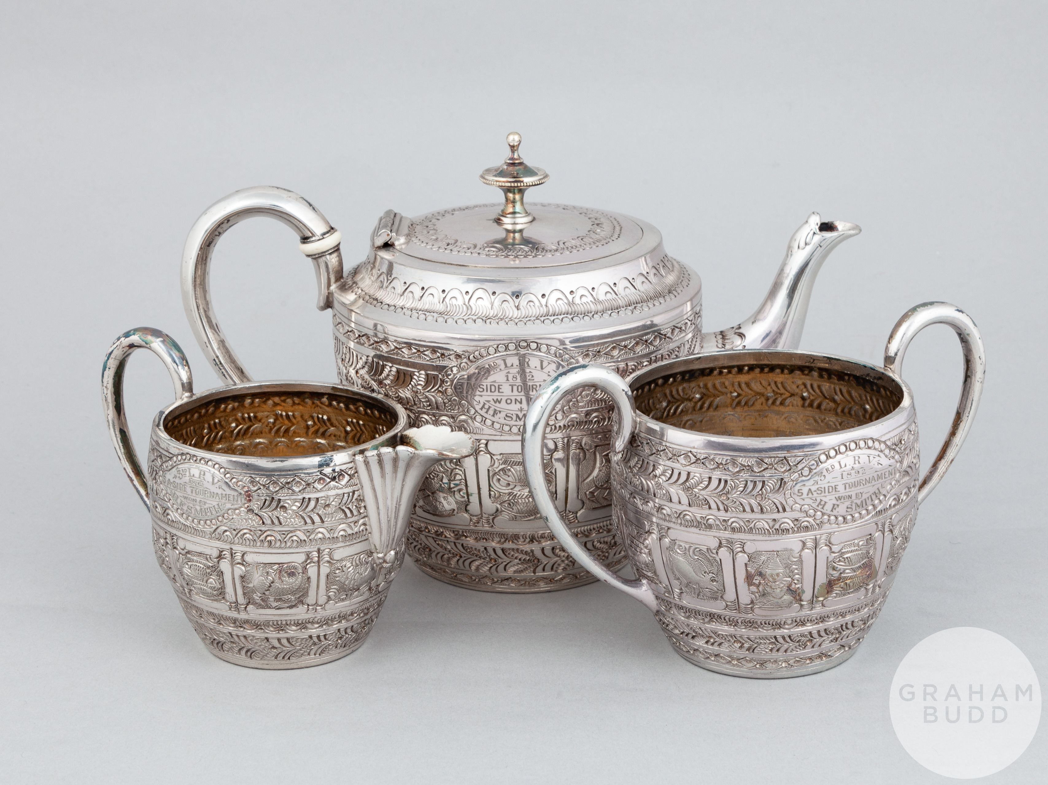 Hugh Smith white-metal zodiac three-piece bachelors tea-service