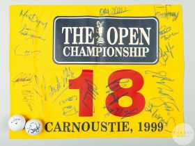 An autographed 1999 Carnoustie Open Championship golf flag