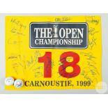An autographed 1999 Carnoustie Open Championship golf flag