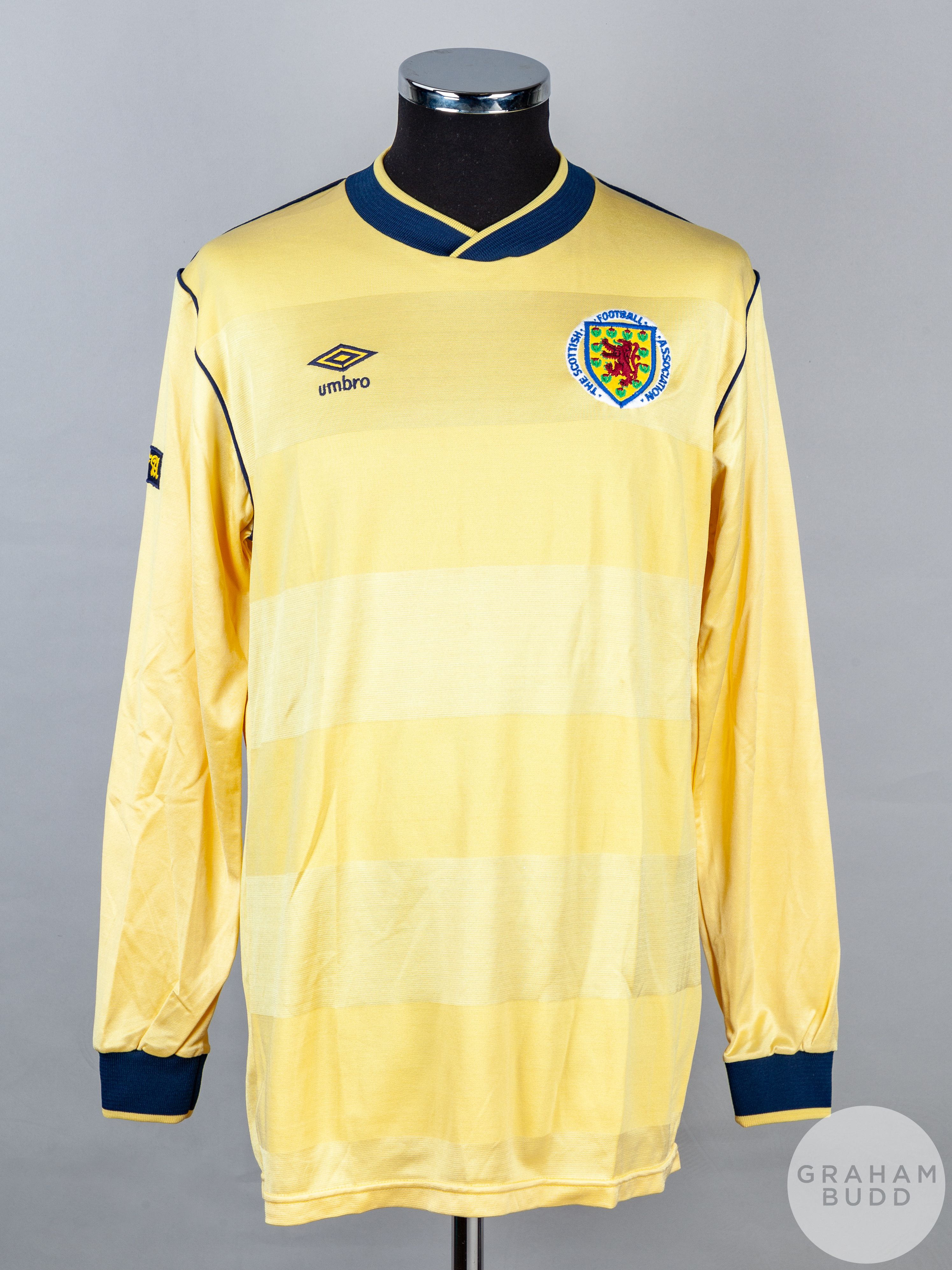 Paul Sturrock yellow and blue No.11 Scotland v. Belgium long-sleeved shirt, 1987