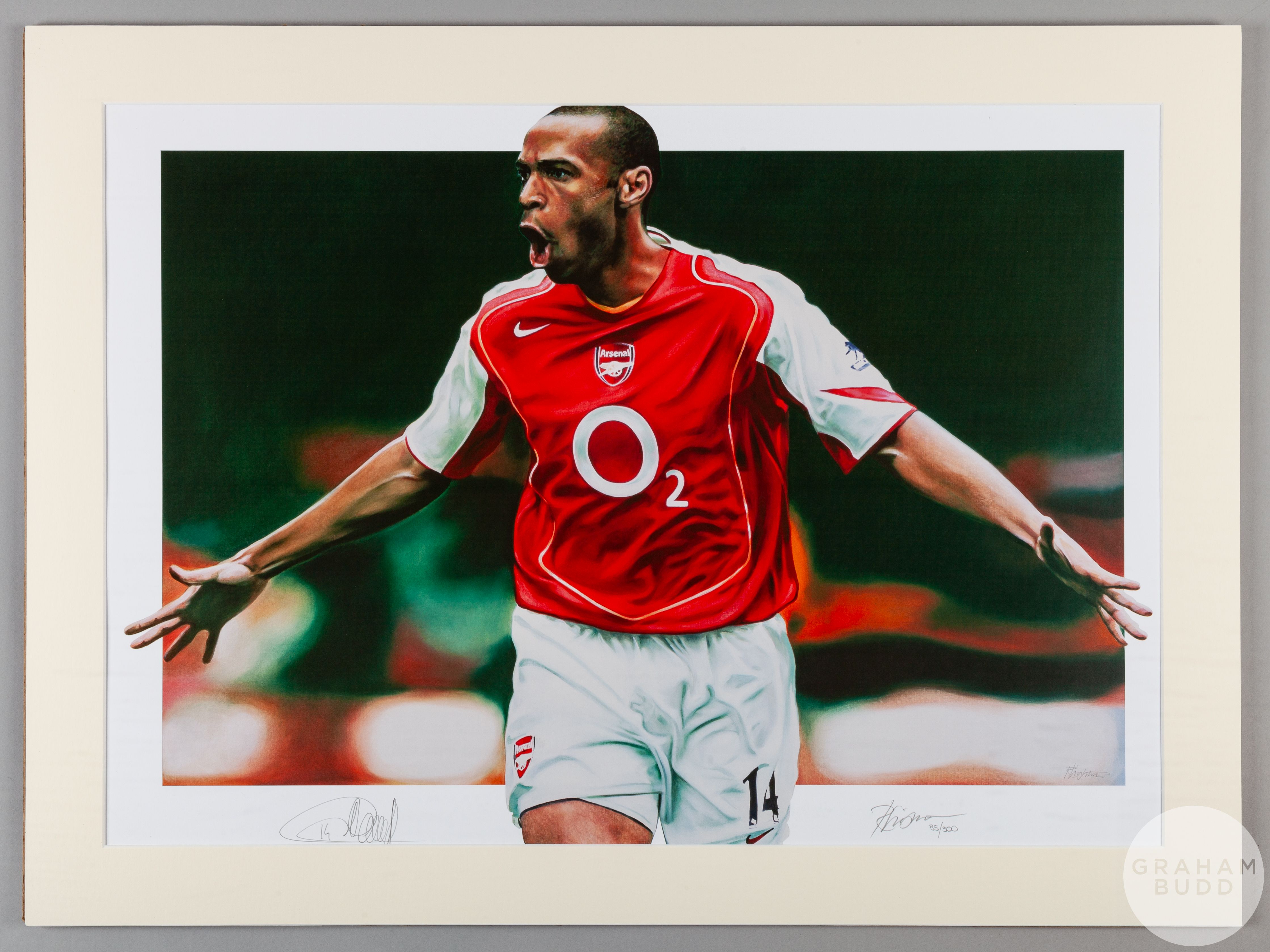 A large colour image of Thierry Henry in an Arsenal home kit