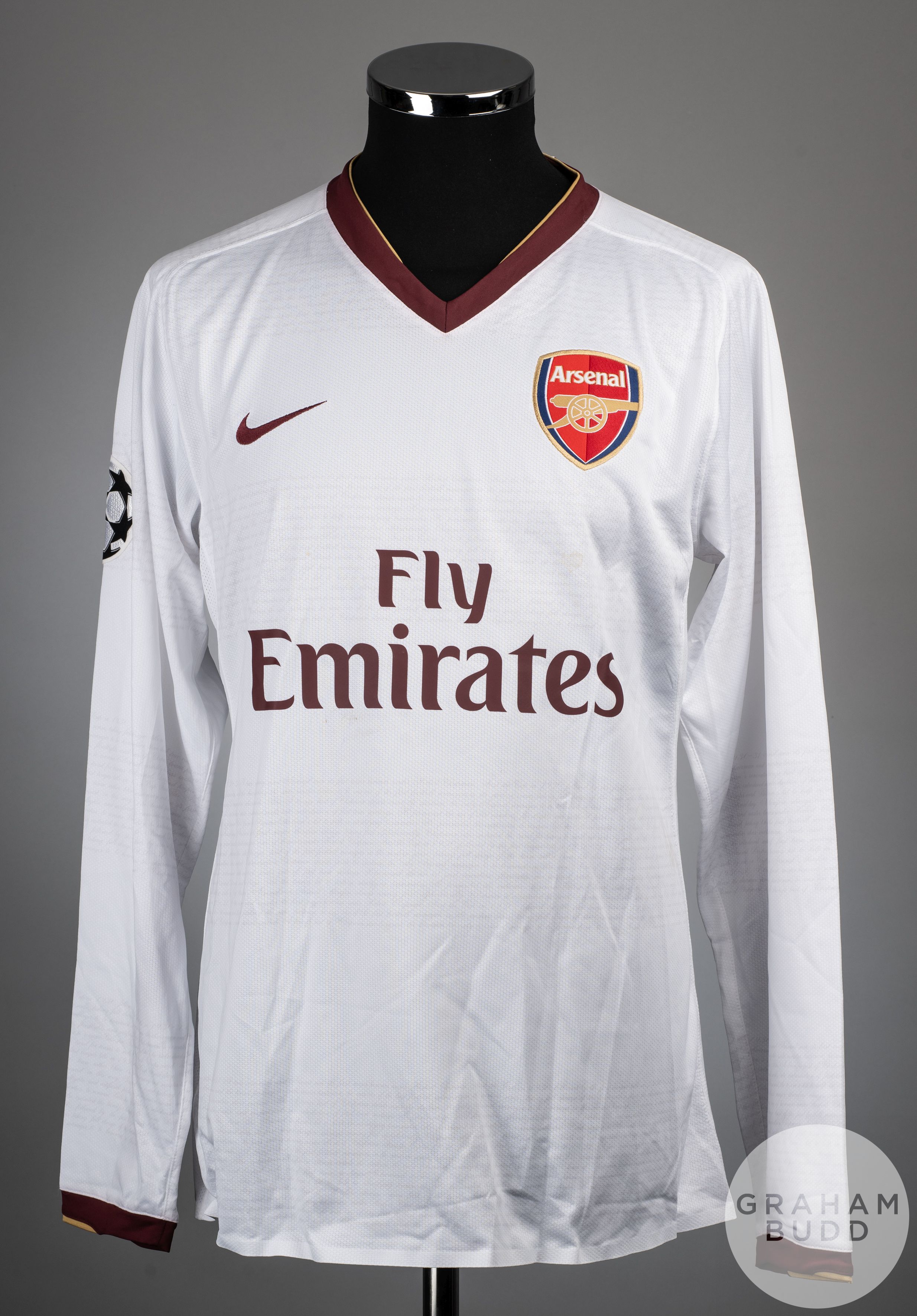 Armand Traore white No.30 Arsenal match issued long-sleeved shirt, 2007-08