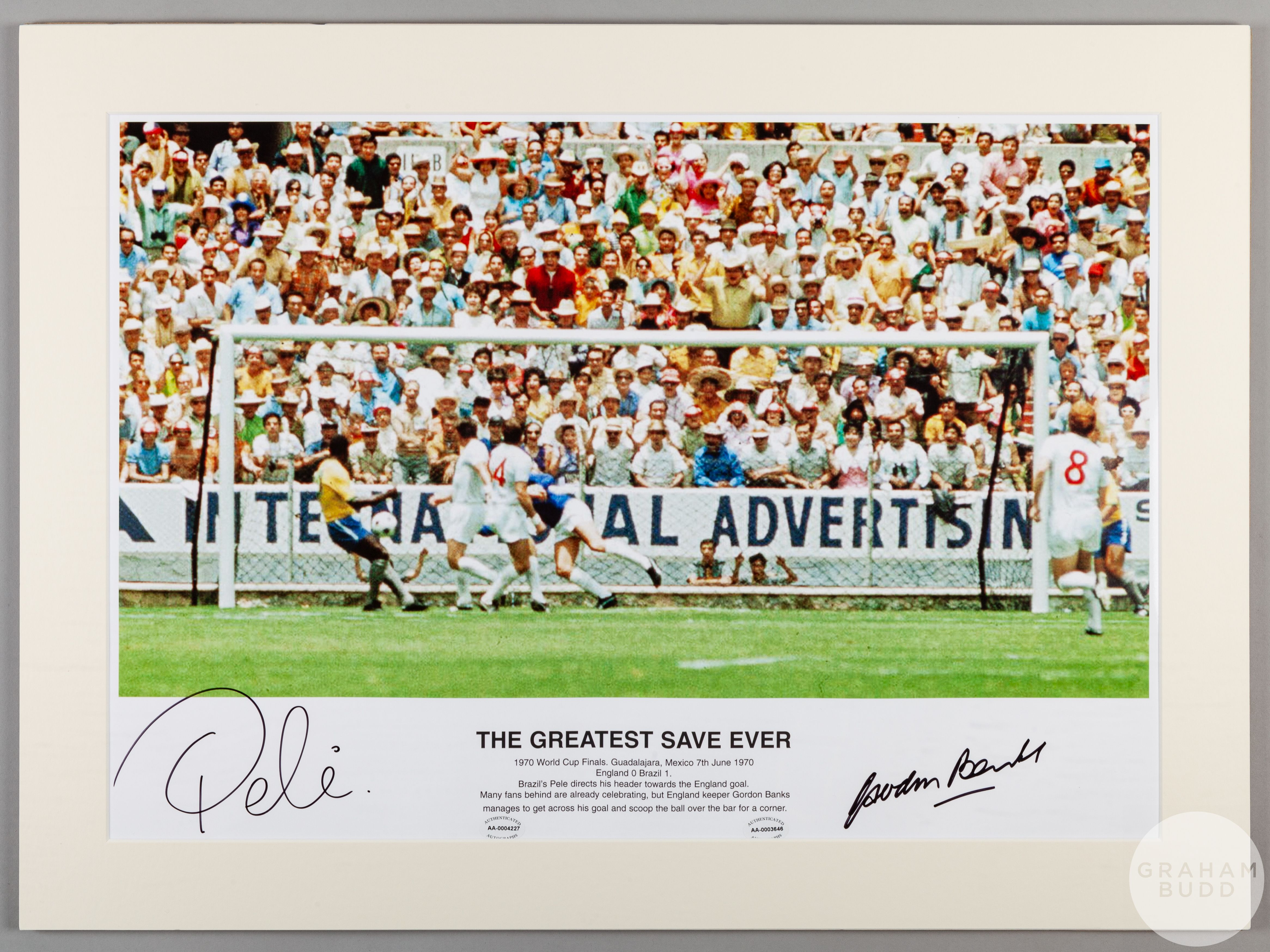 A large colour photographic print of The Greatest Save Ever by Gordon Banks of England against Pe