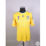Andriy Iarmolenko yellow and blue Ukraine No.7 2014 World Cup Qualifier home shirt, 2012