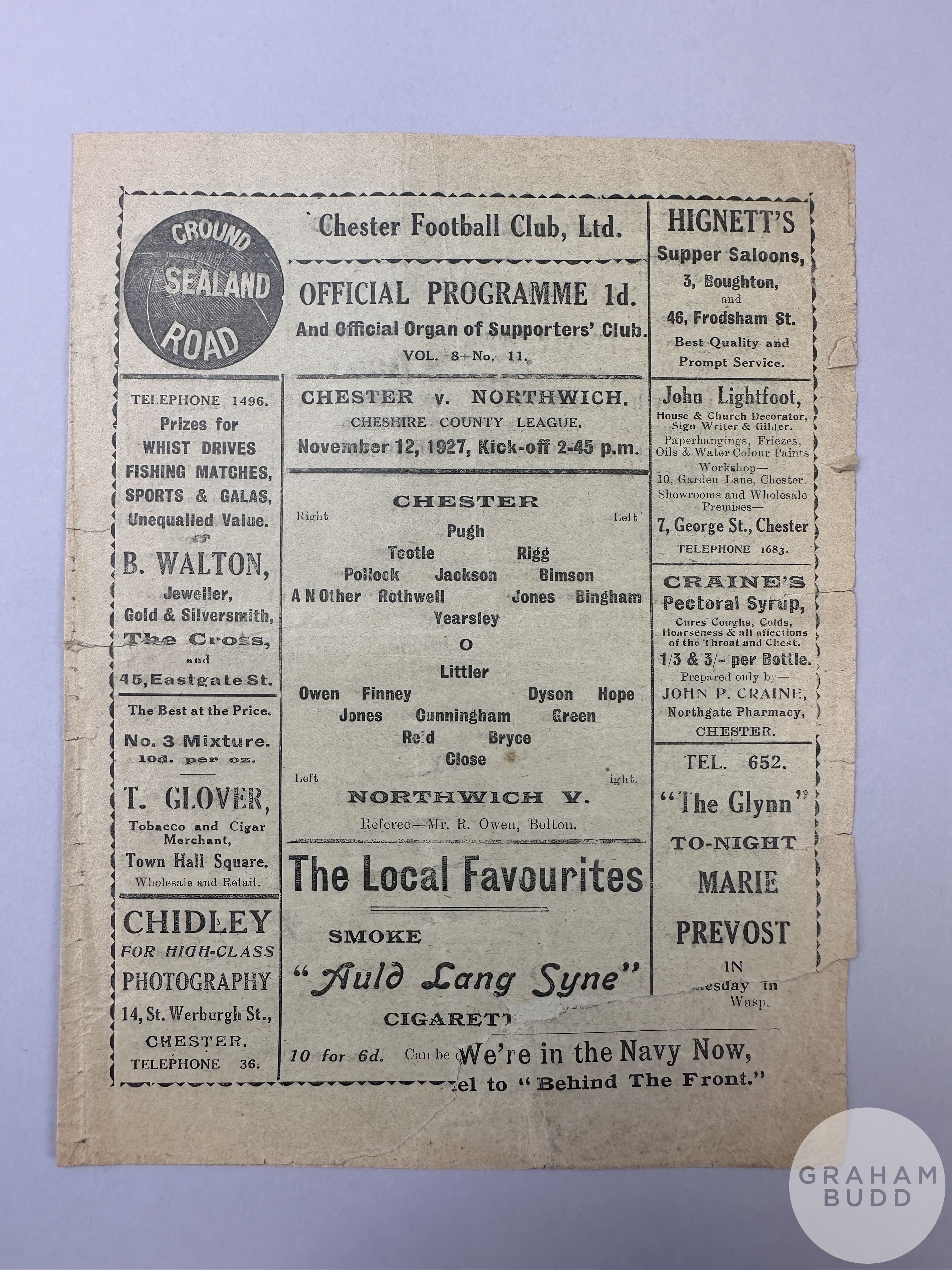 Chester v. Northwich Victoria Cheshire County League match programme, 12th November 1927