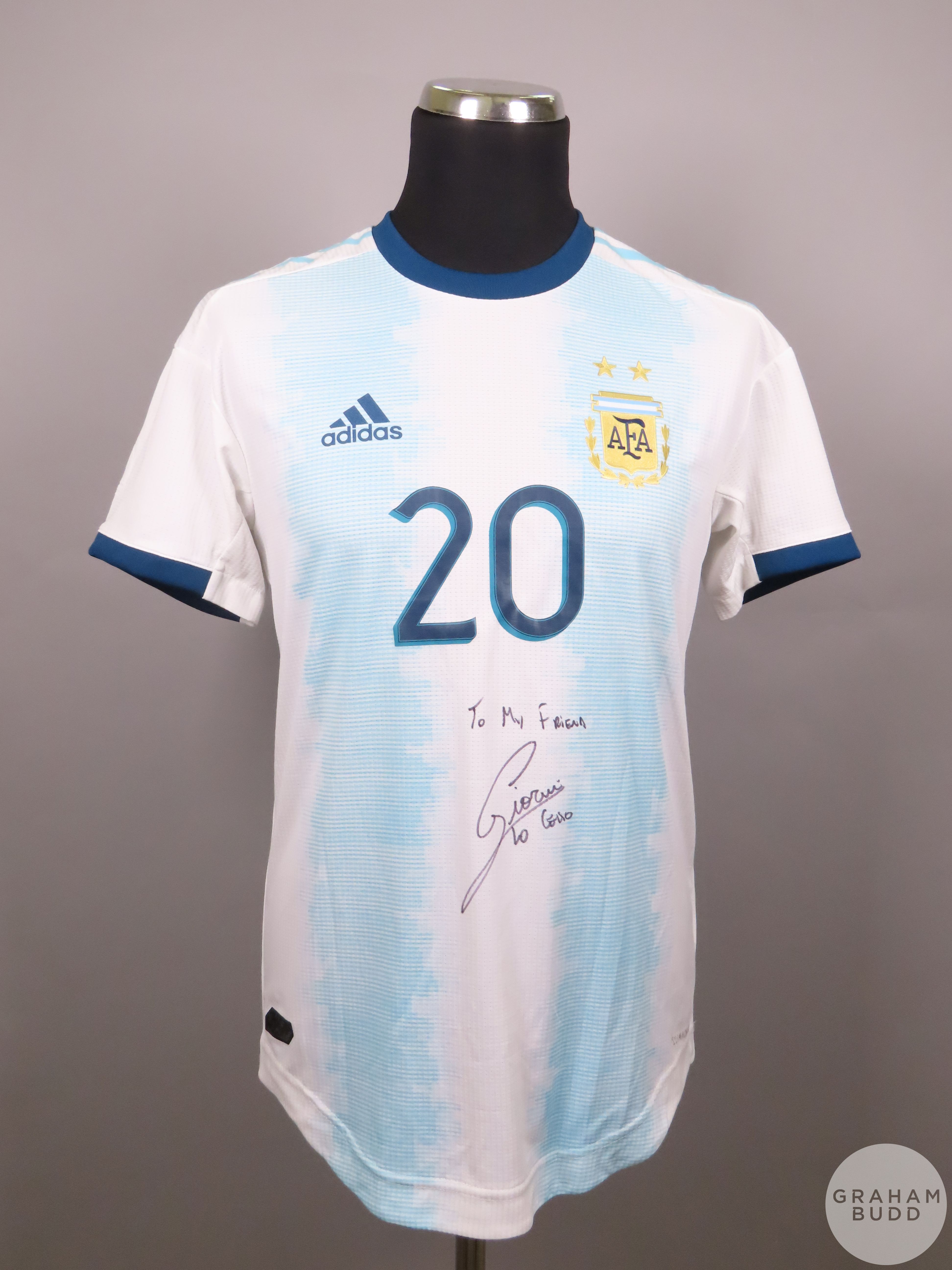Giovanni Lo Celso blue and white No.20 Argentina player issue short sleeved shirt, 2019, Adidas 4