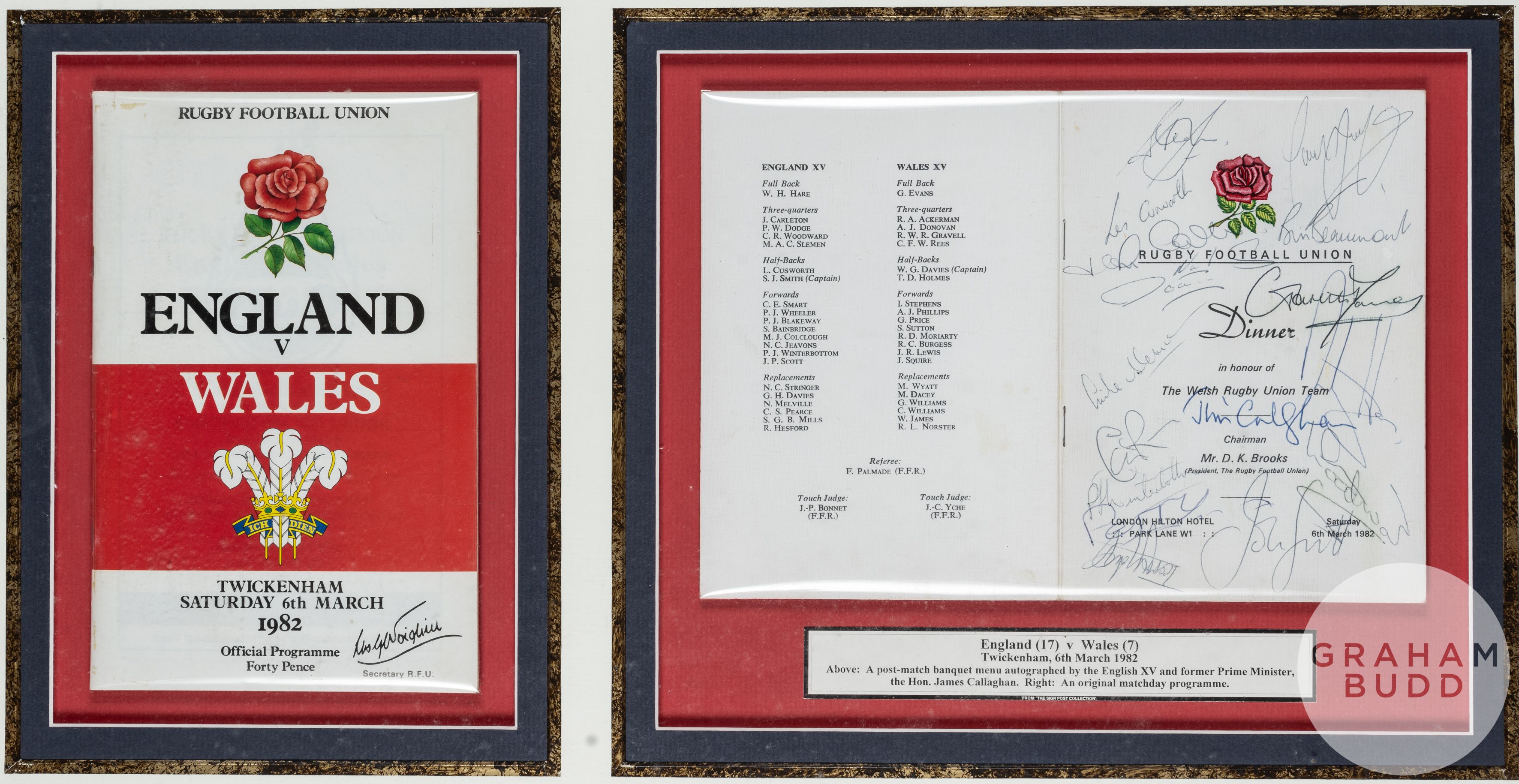 England v Wales signed programme and after match dinner menu display, at Twickenham, 6th March 1982,