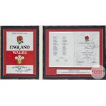 England v Wales signed programme and after match dinner menu display, at Twickenham, 6th March 1982,