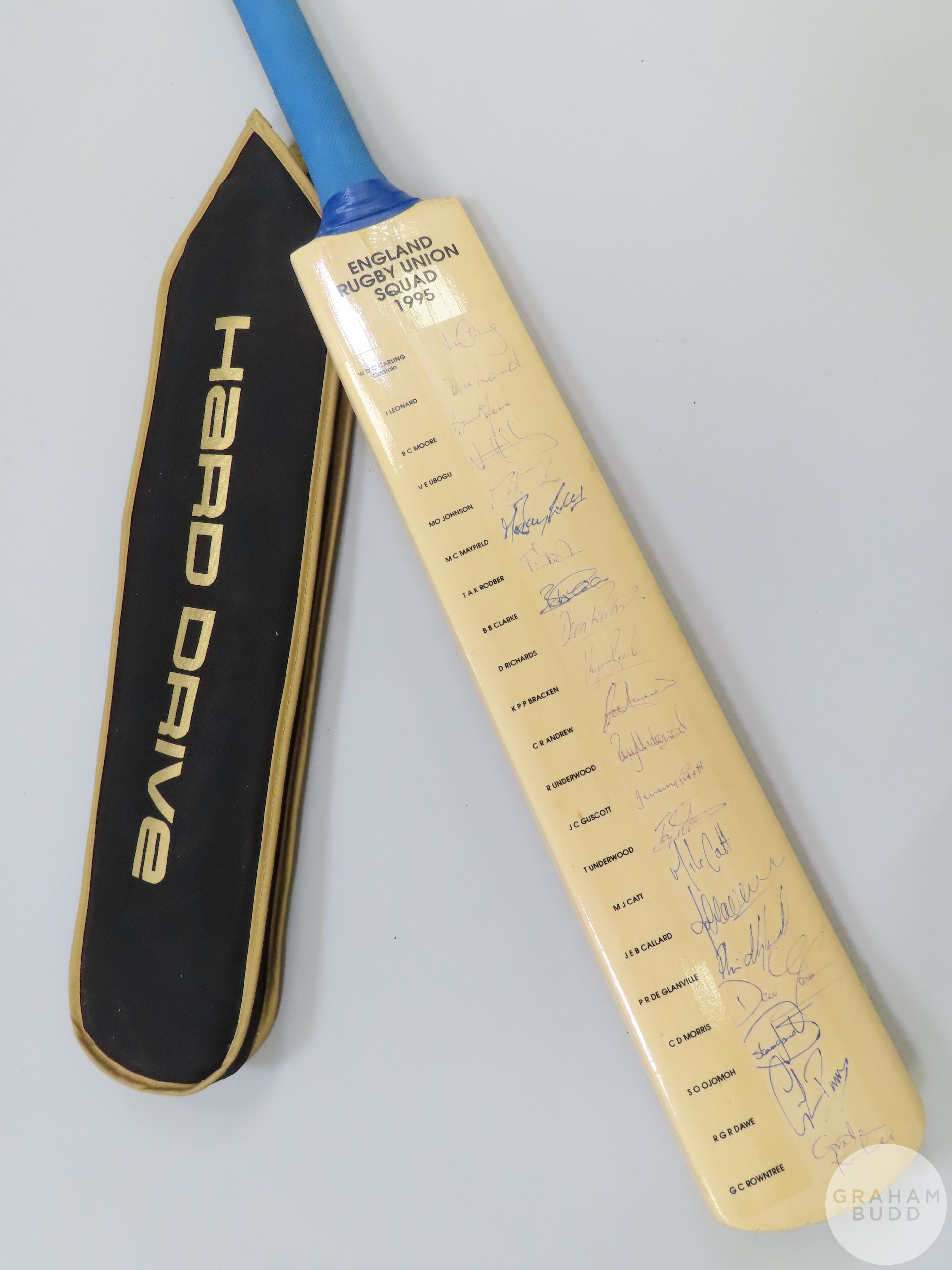 England Rugby Union Squad 1995 signed cricket bat,