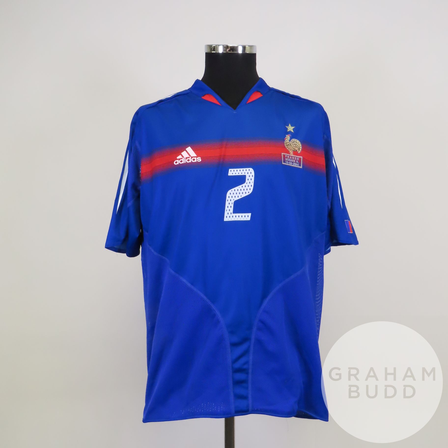 Jean-Alain Boumsong blue and red No.2 France match issued short-sleeved shirt, 2004