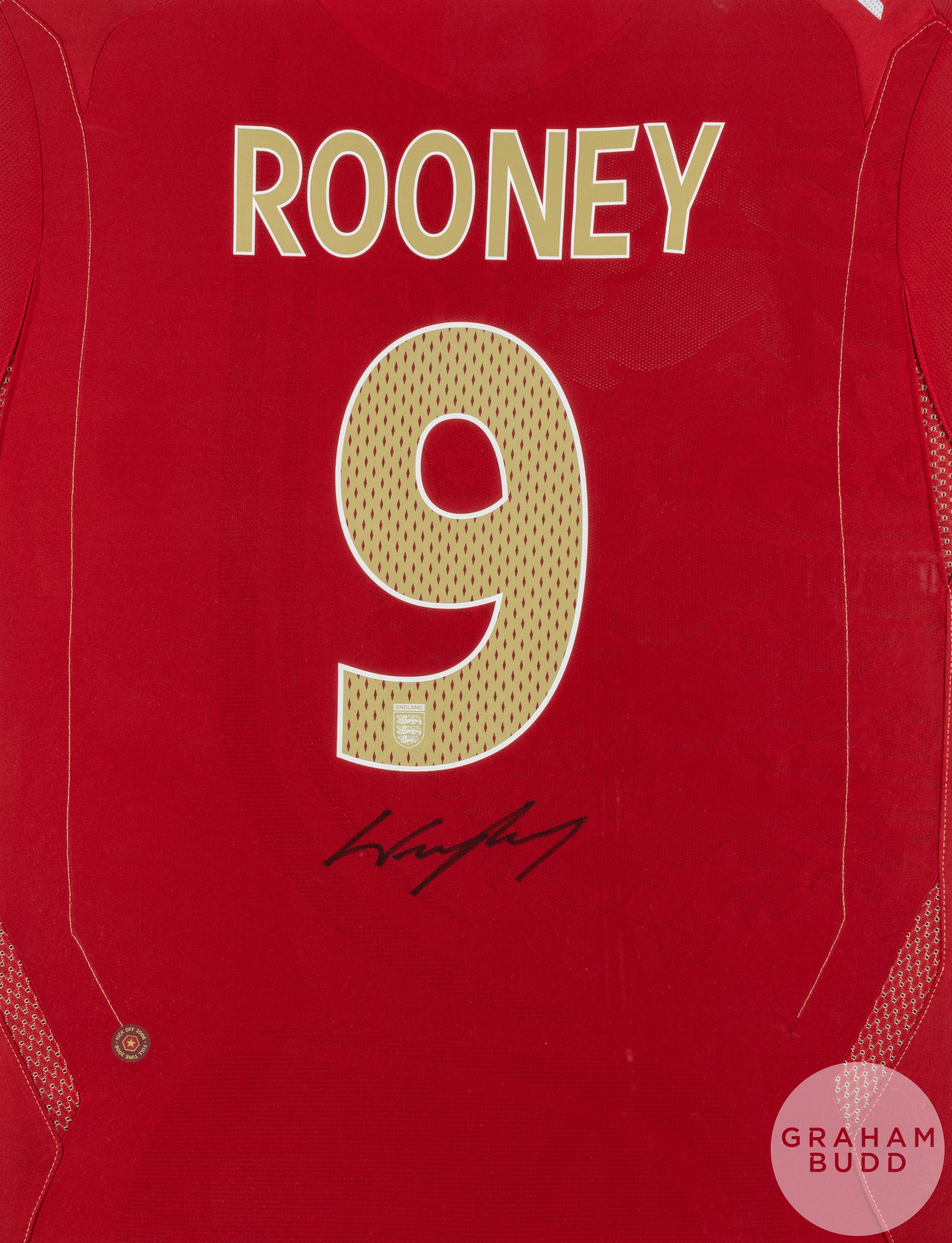 Red England replica No.9 shirt autographed by Wayne Rooney