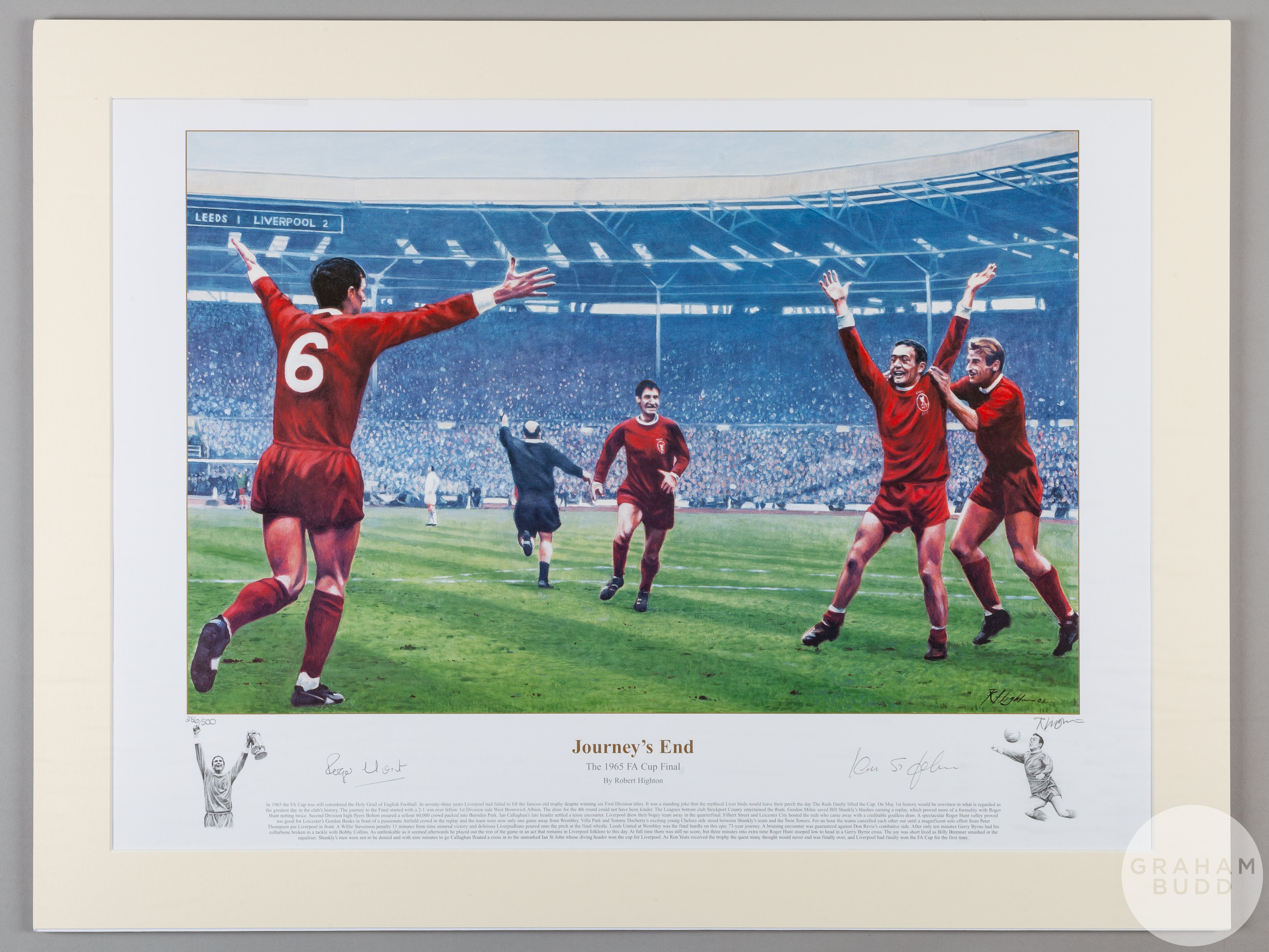 A large colour print of the 1965 FA Cup Final between Liverpool and Leeds United entitled The Journ