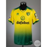 Grant Hanley yellow and green No.5 Norwich City match worn short-sleeved shirt, 2019-20