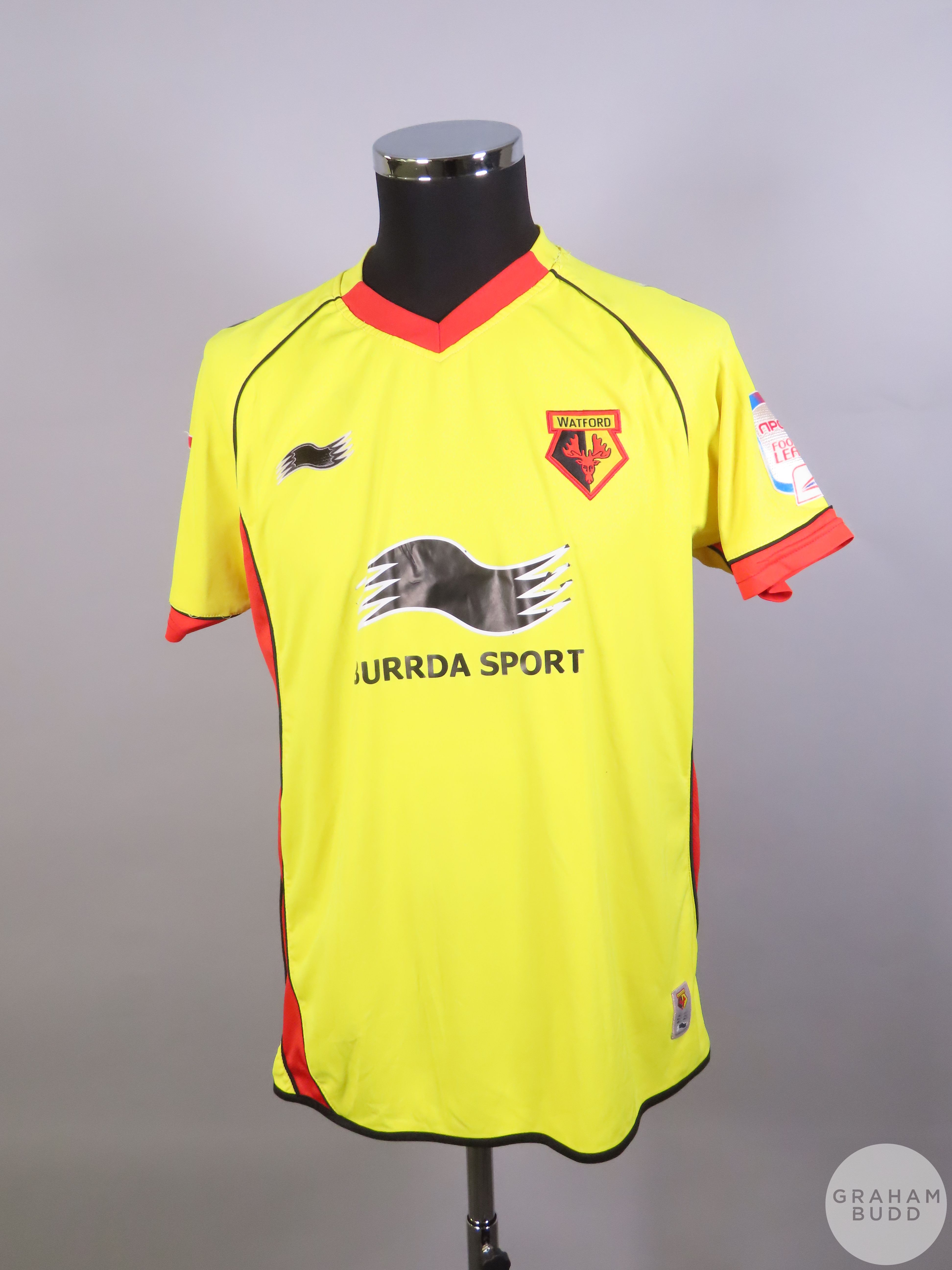 John Eustace yellow No.4 Watford player issue shirt, 2010-11 Burrda Sport