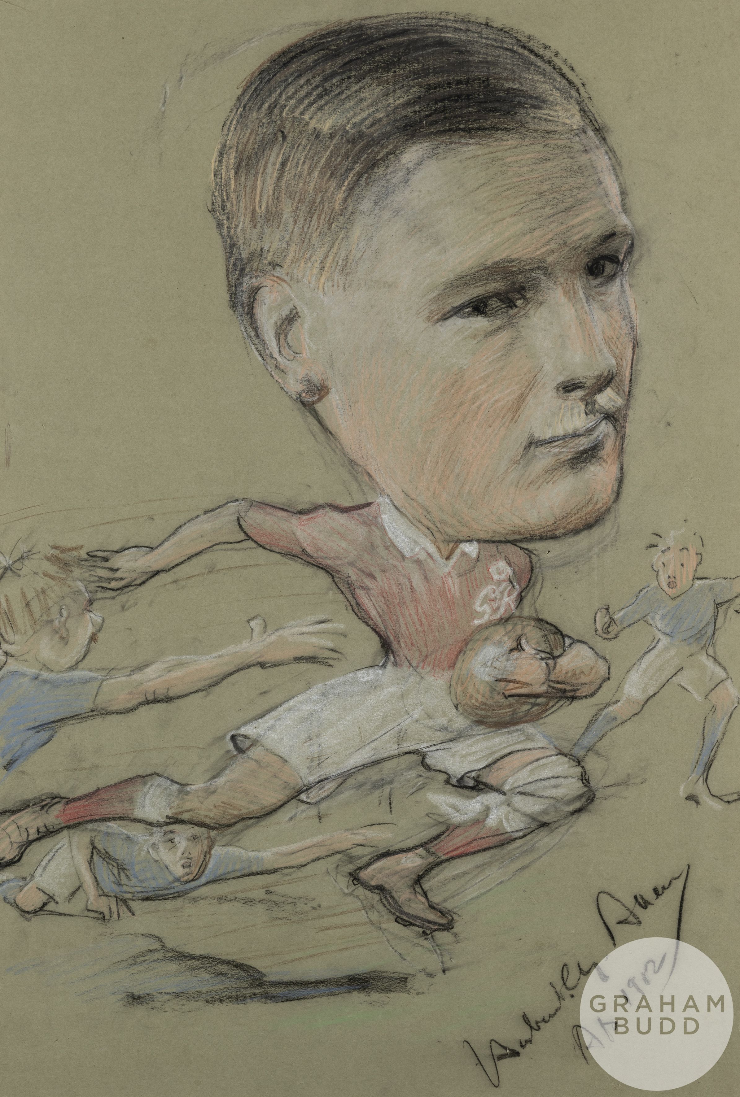 Pastel drawing a rugby players in action, dated 1912,