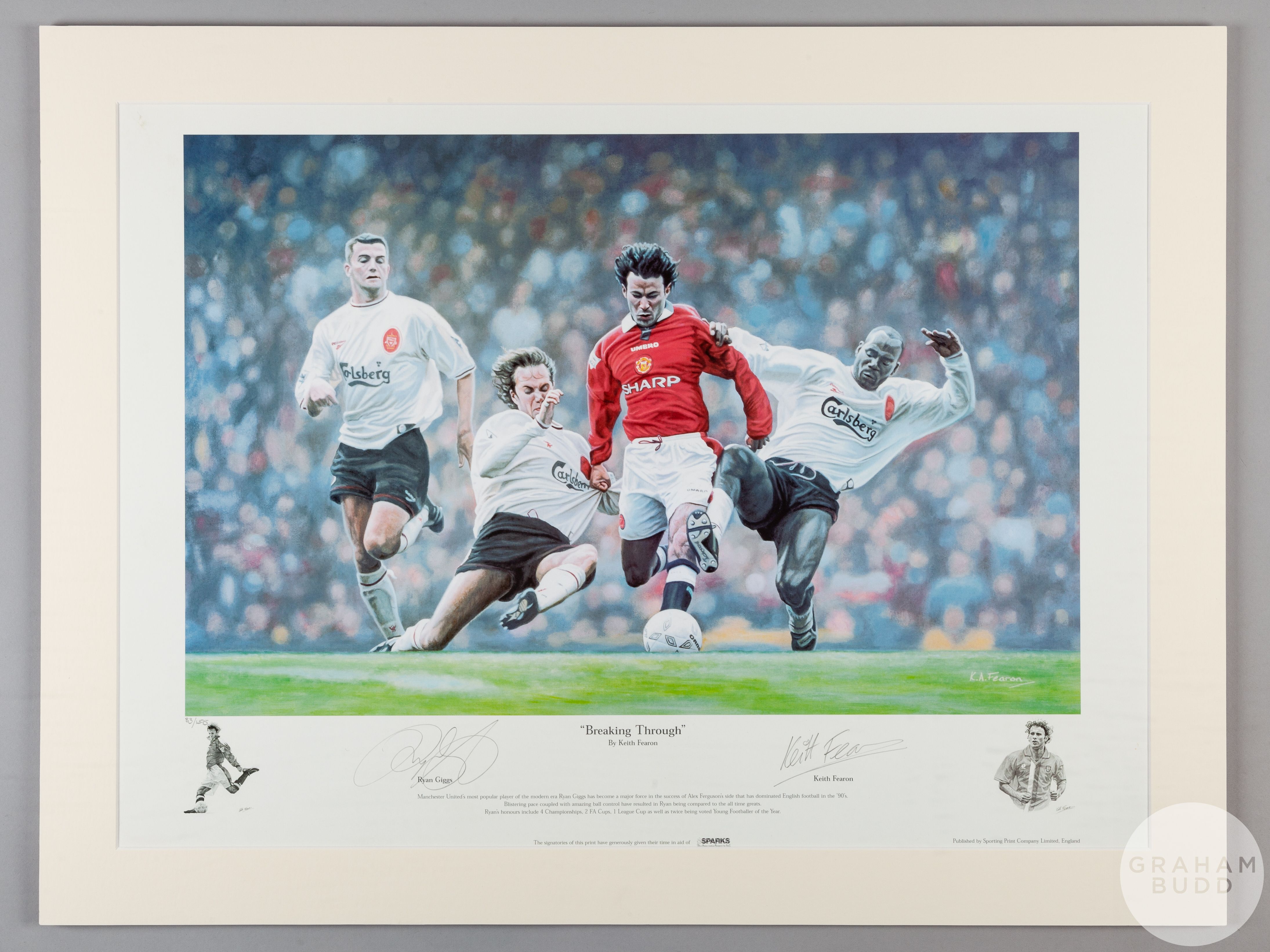 A large colour print of Ryan Giggs playing for Manchester United against Liverpool titled Breaking T
