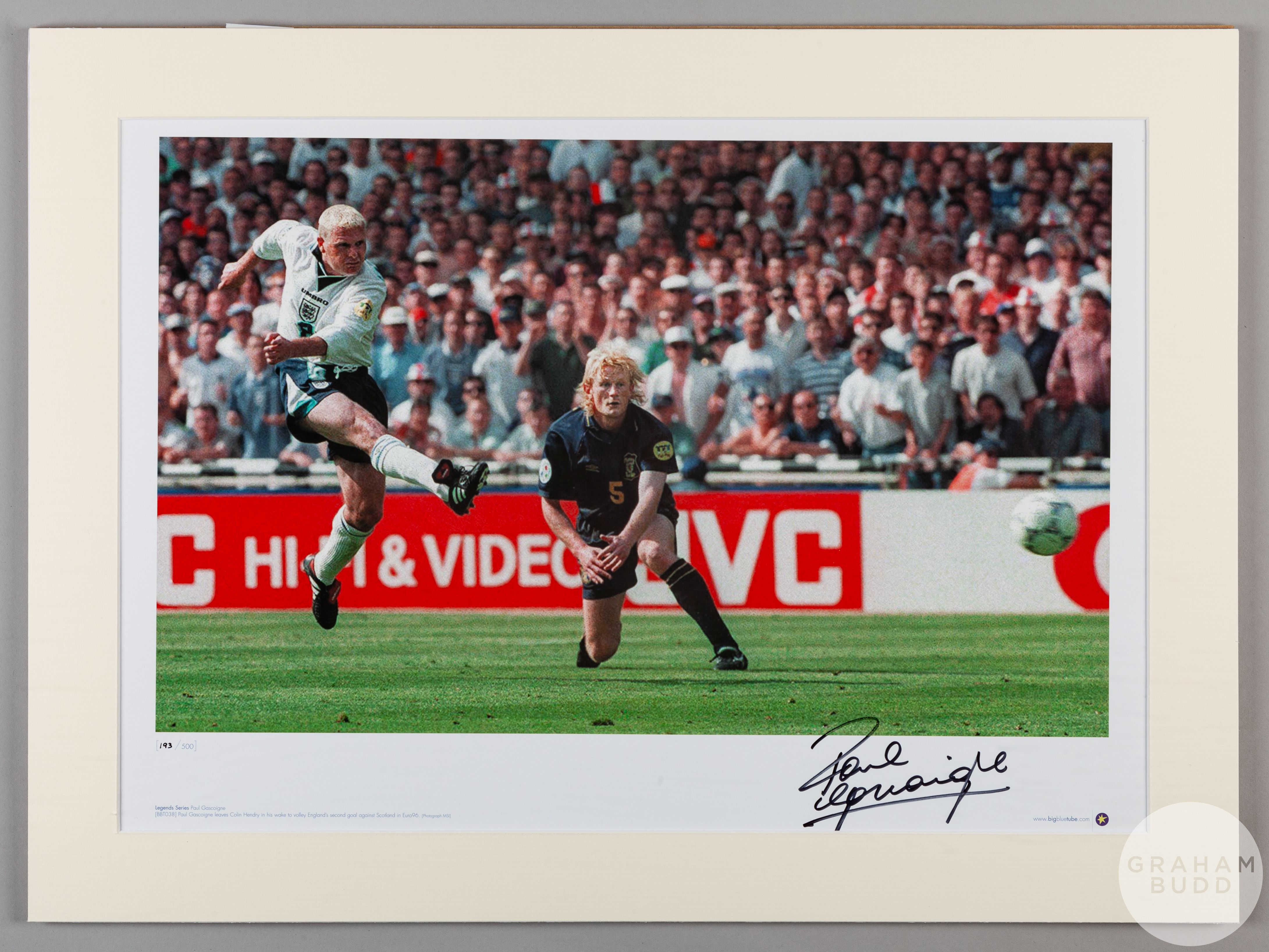 A large colour photographic print of Paul Gascoigne scoring for England against Scotland at Wembley