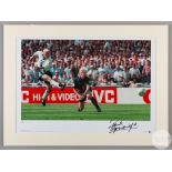 A large colour photographic print of Paul Gascoigne scoring for England against Scotland at Wembley
