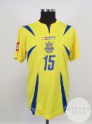 Artem Milevskyi yellow and blue No.15 Ukraine match worn short-sleeved shirt, 2006