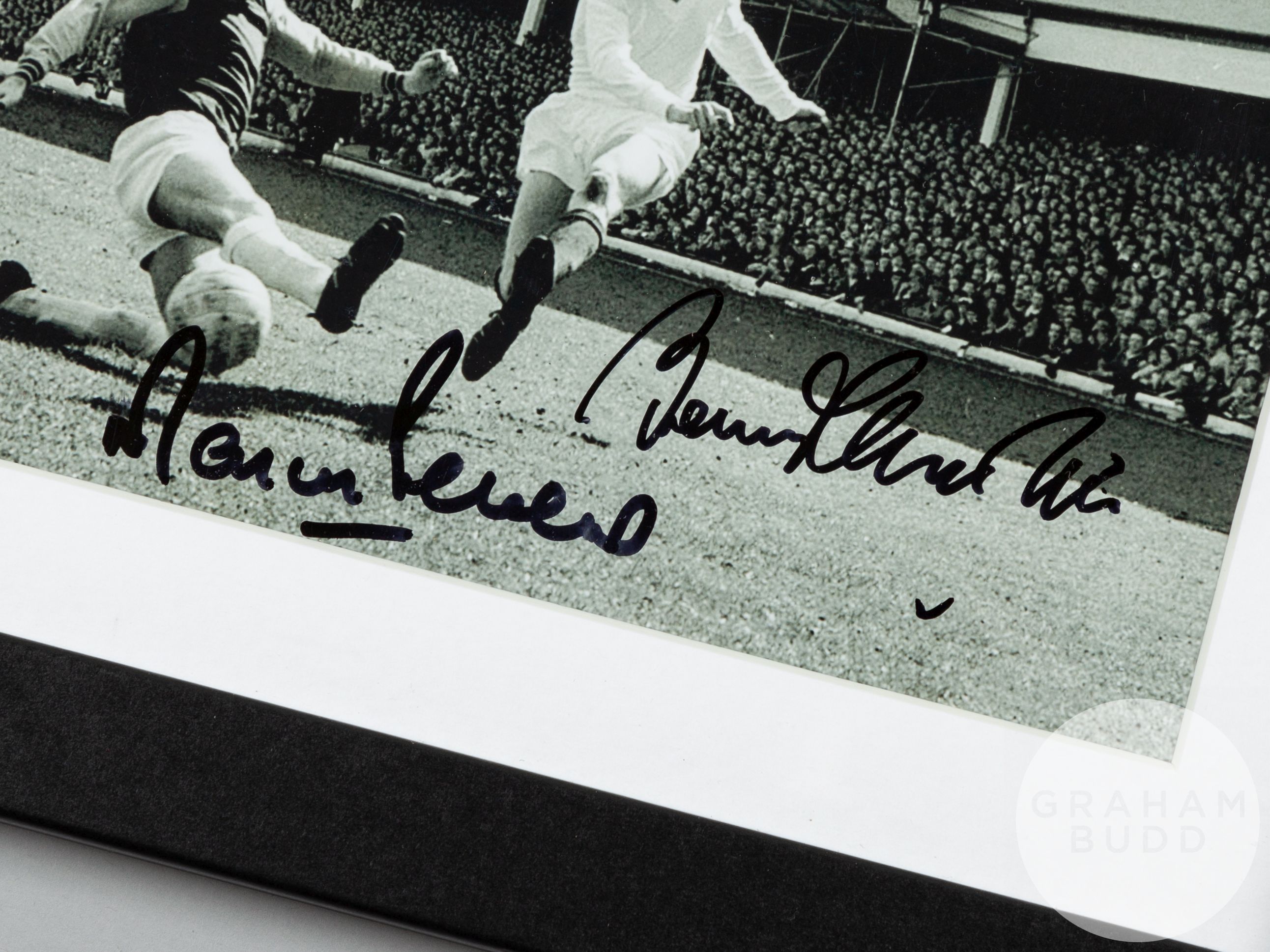 Double-signed framed b&w photograph of the 1966 World Cup winners Bobby Charlton and Martin Peters - Image 2 of 2