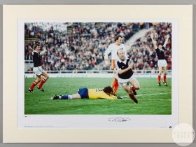 A large colour photographic print of Archie Gemmill scoring for Scotland against Argentina in the 19