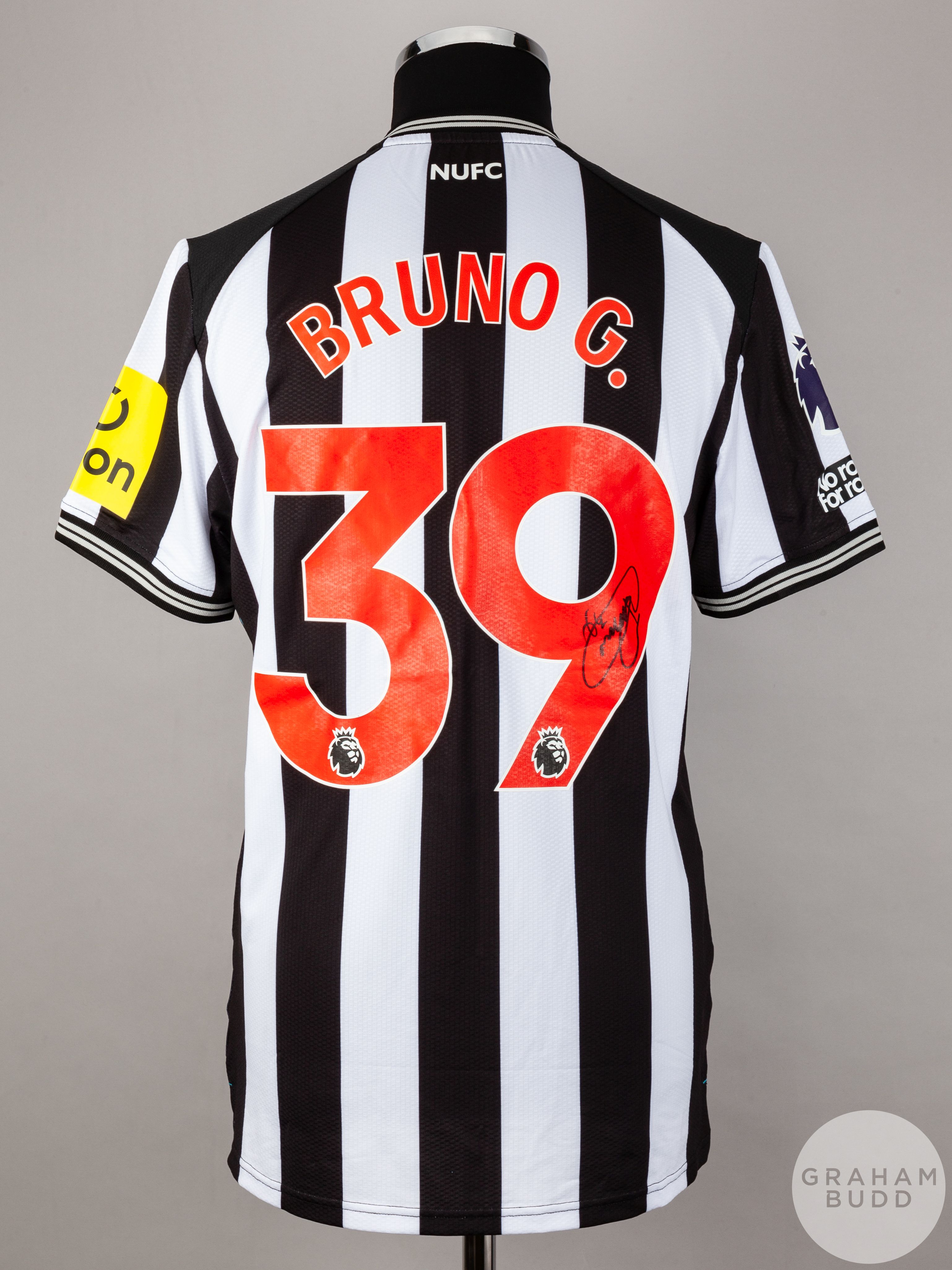 Bruno Guimaraes signed black & white striped Newcastle United No.39 home shirt, season 2023-24, - Image 2 of 6