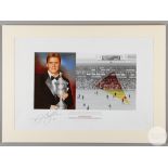 A large colour print of David Beckham with the Young Player of the Year trophy for 1997 at the side