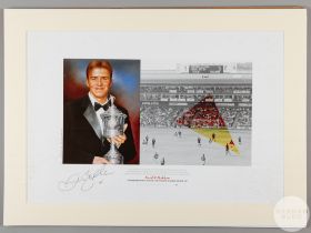 A large colour print of David Beckham with the Young Player of the Year trophy for 1997 at the side