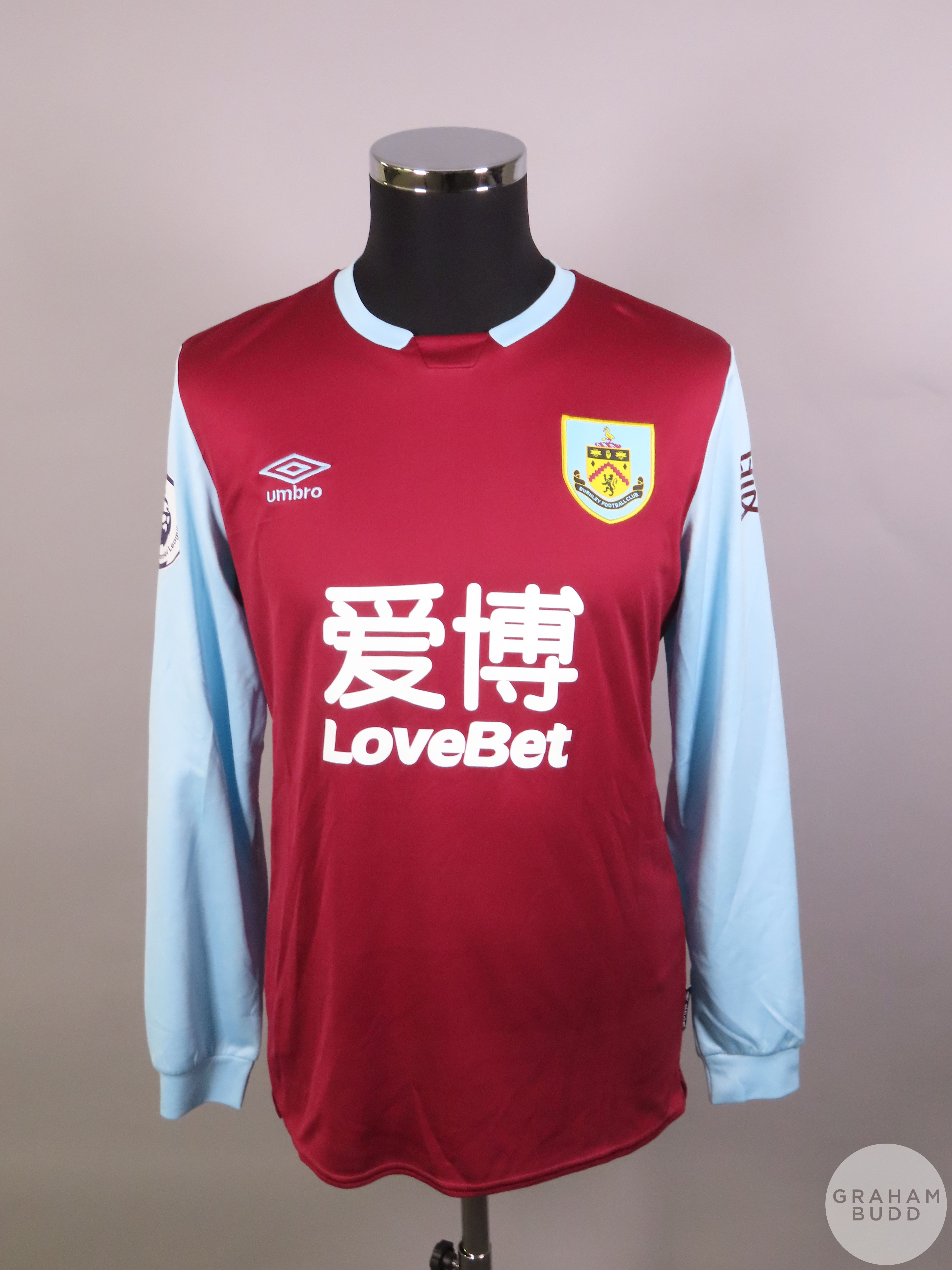 Matej Vydra claret and blue No.27 Burnley player issue long sleeved shirt, 2019-20 Umbro M