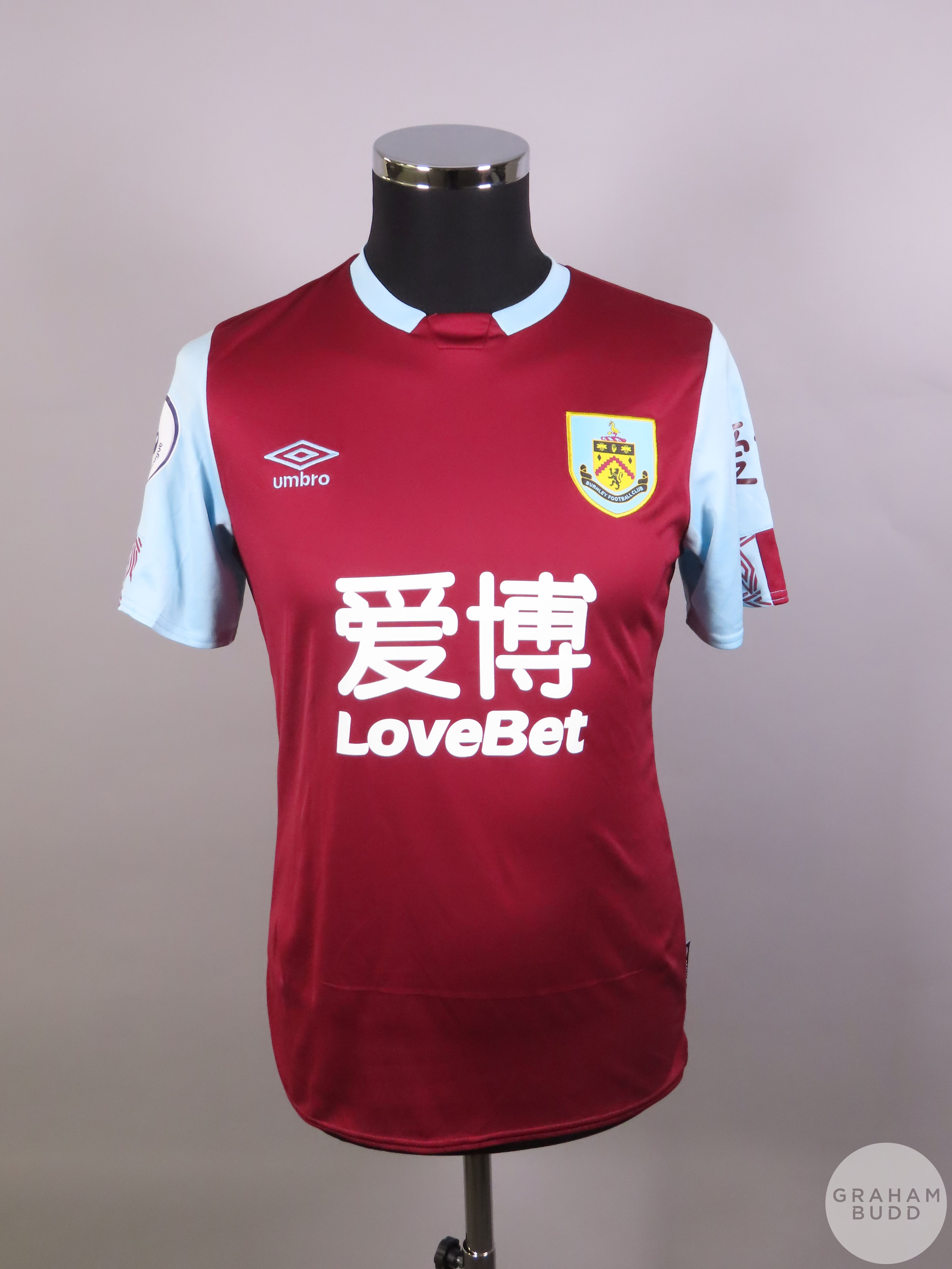 Ashley Westwood claret and blue No.18 Burnley player issue short sleeved shirt, 2019-20 Umbro S