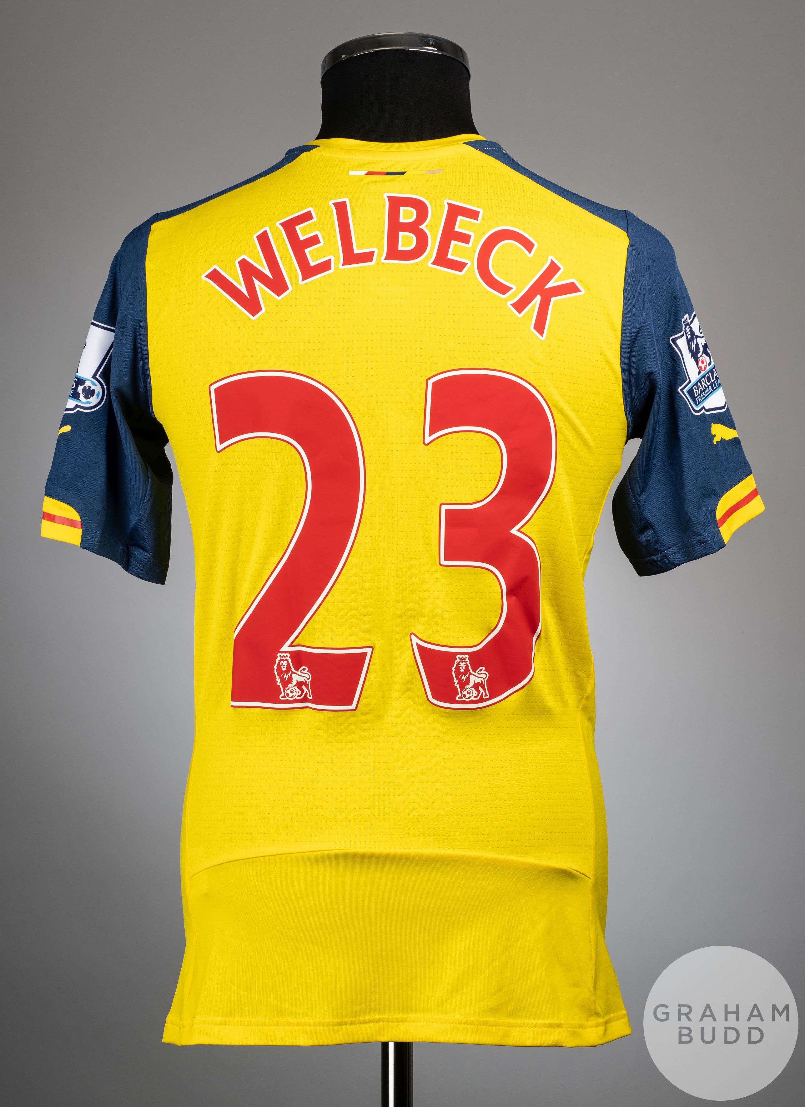 Danny Welbeck yellow and blue No.23 Arsenal match worn short-sleeved shirt, 2014-15 - Image 2 of 2