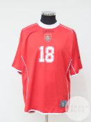 Red and white Uruguay no.18 away shirt, 2001,