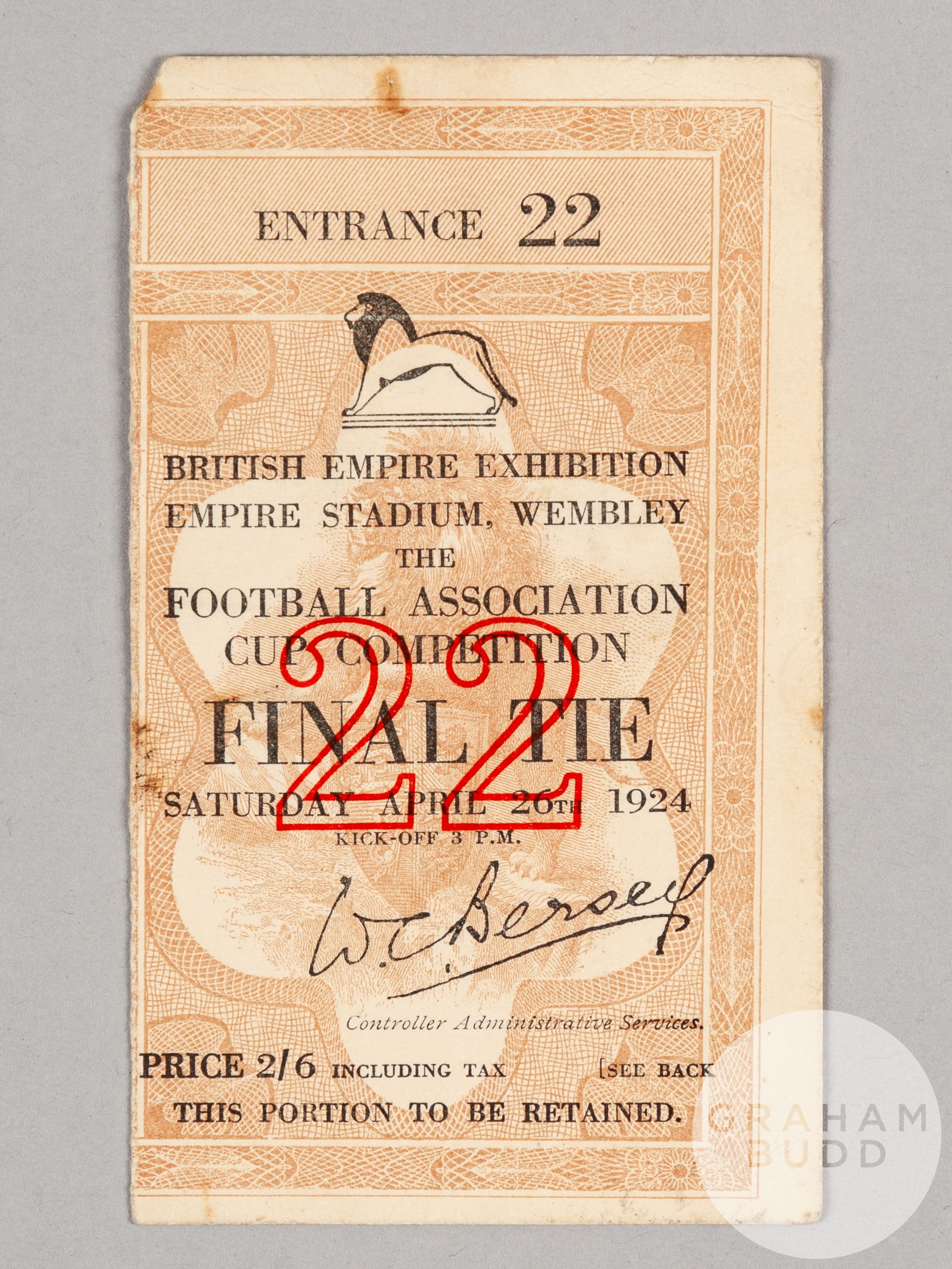 1924 FA Cup Final ticket stub, held at British Empire Exhibition Empire Stadium, Wembley, 26th April