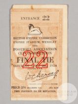 1924 FA Cup Final ticket stub, held at British Empire Exhibition Empire Stadium, Wembley, 26th April