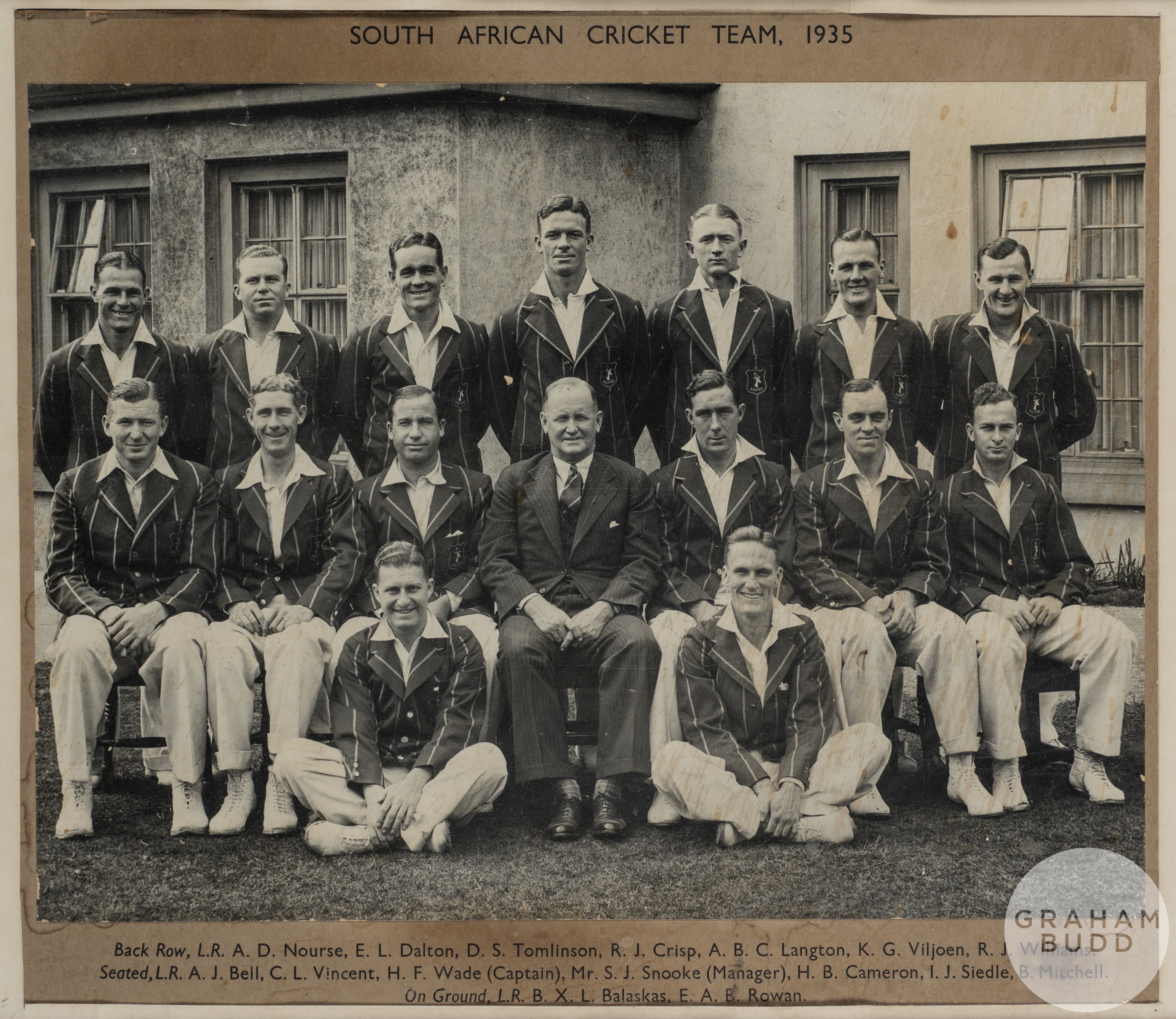 South African Cricket b&w team photography and England v South Africa scorecard, 1935,