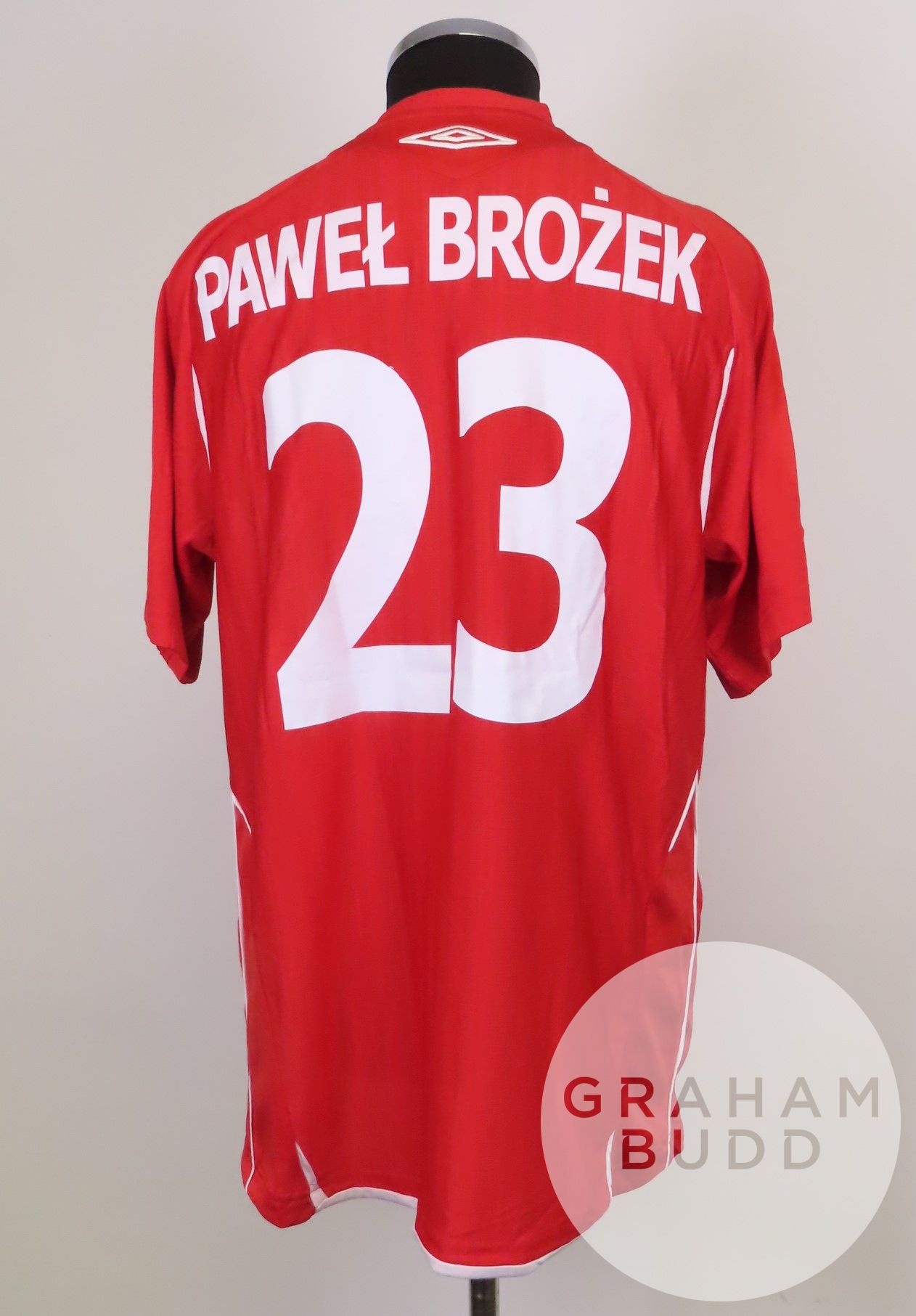 Pawel Brozek red and white No.23 Wizla Krakow match worn short-sleeved shirt, 2008-09 - Image 2 of 2