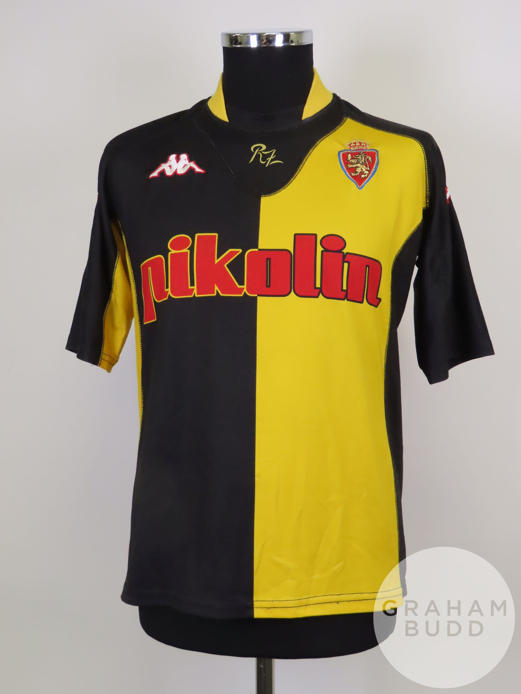Martin Vellisca black and yellow No.11 Real Zaragoza match worn short-sleeved shirt, 2001-02