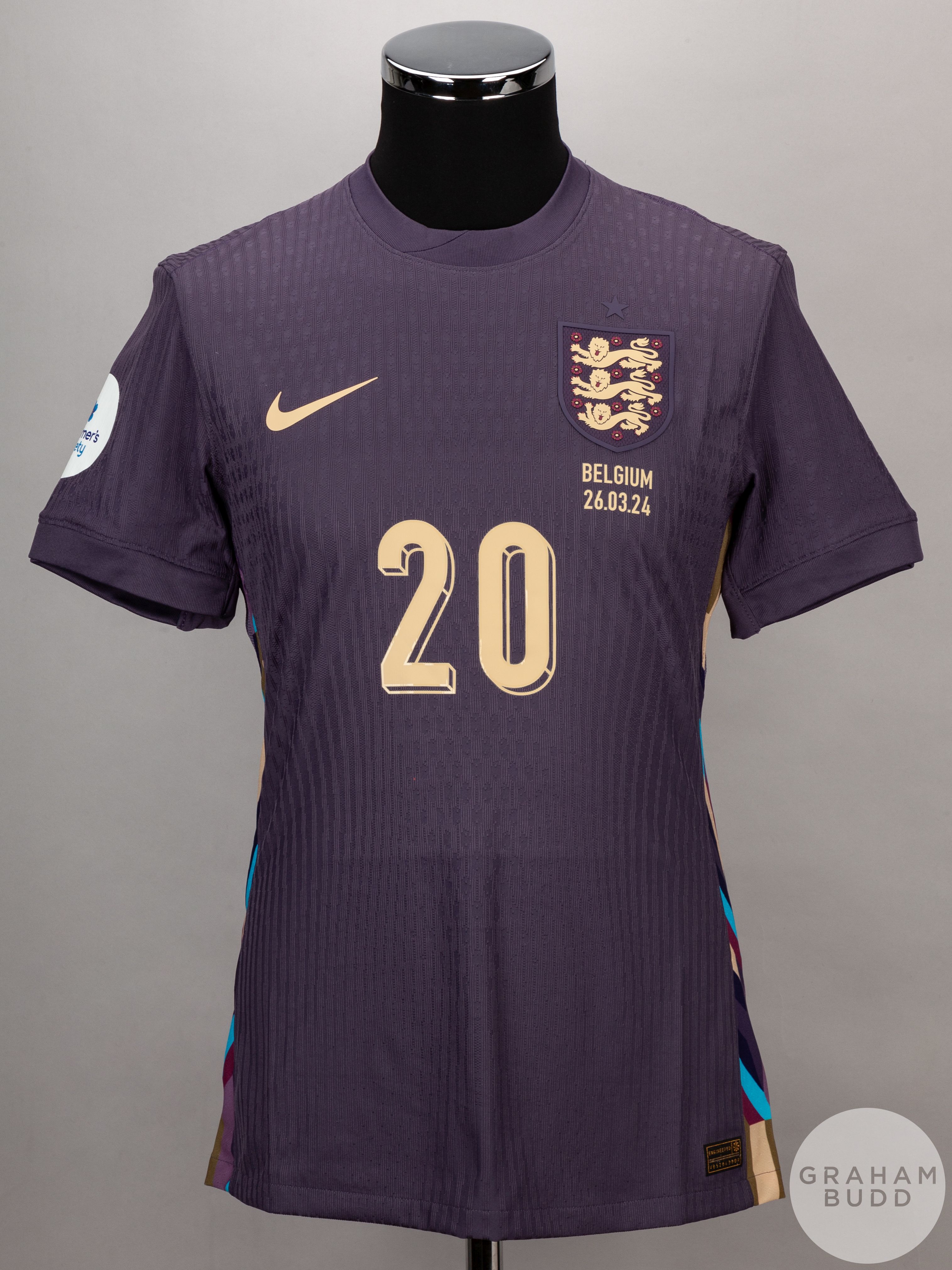 James Maddison signed dark pale maroon England No.20 away shirt v Belgium on 26th March 2024,
