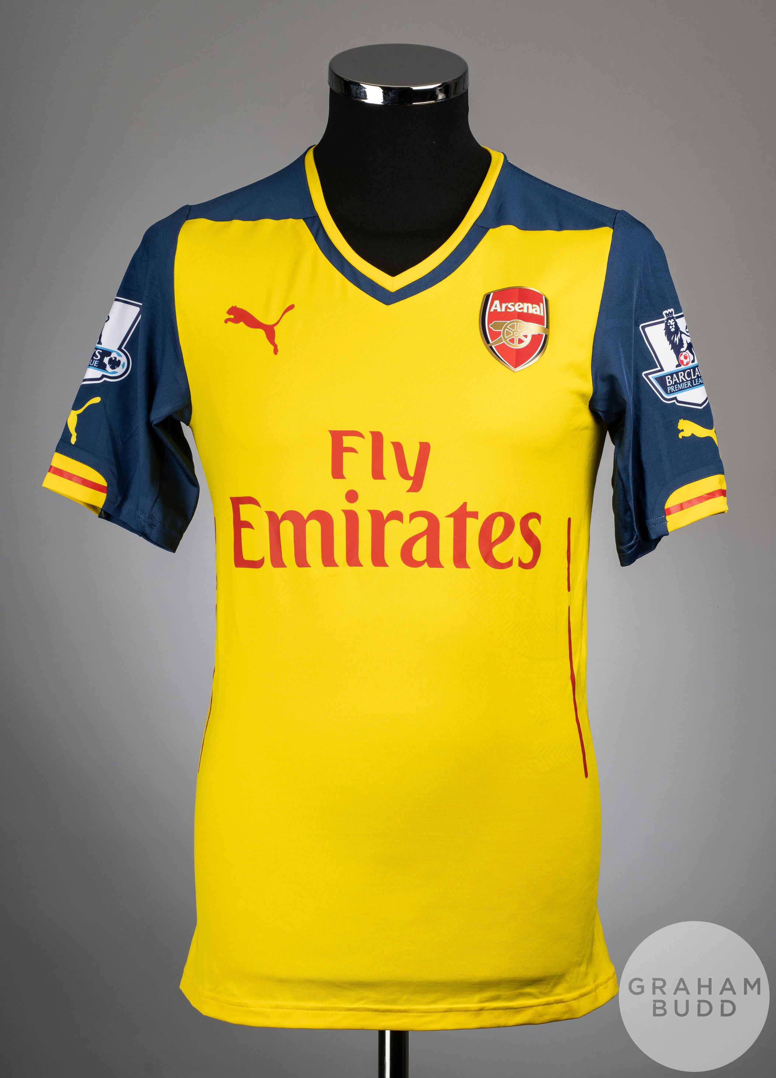 Danny Welbeck yellow and blue No.23 Arsenal match worn short-sleeved shirt, 2014-15
