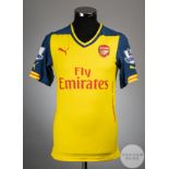 Danny Welbeck yellow and blue No.23 Arsenal match worn short-sleeved shirt, 2014-15