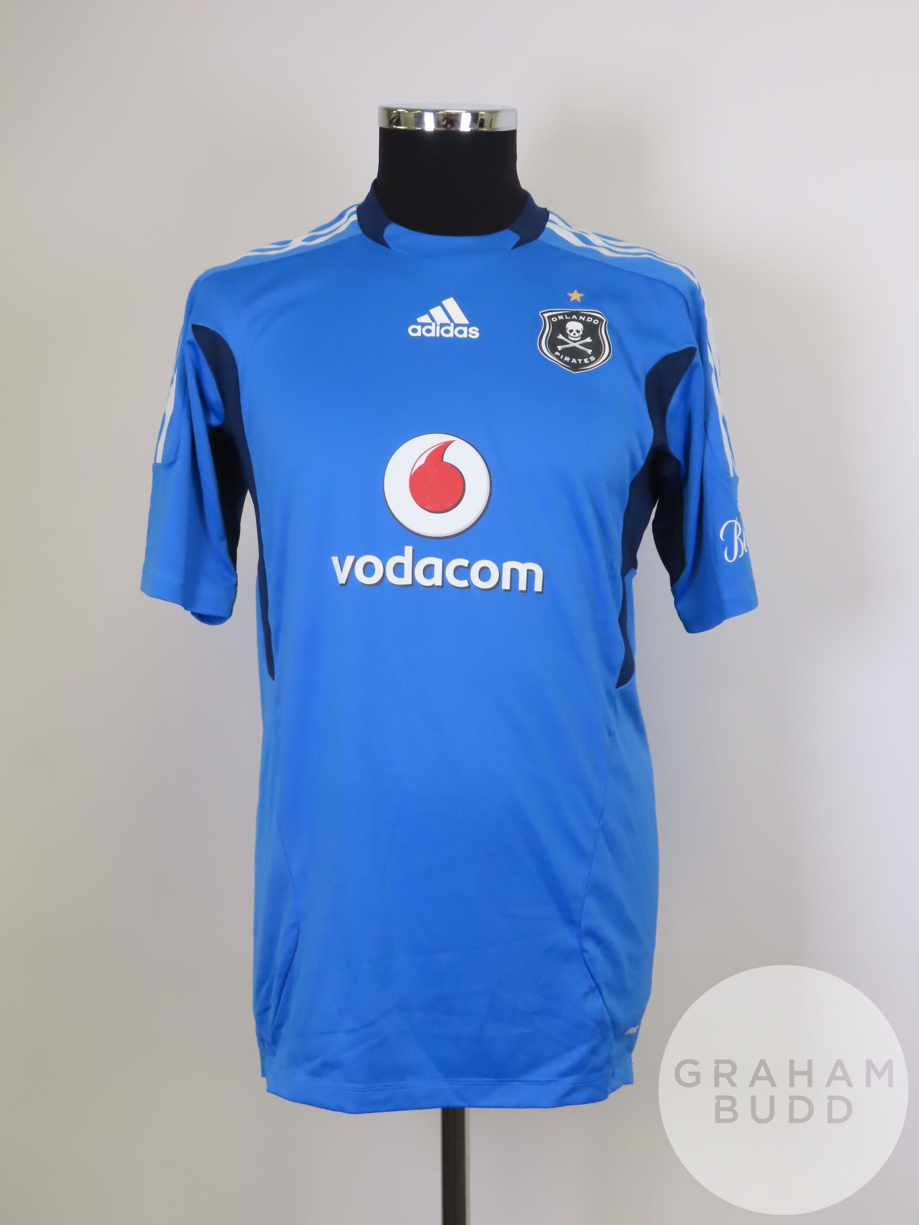 Senzo Meyiwa blue No.1 Orlando Pirates match worn short-sleeved shirt, 2011