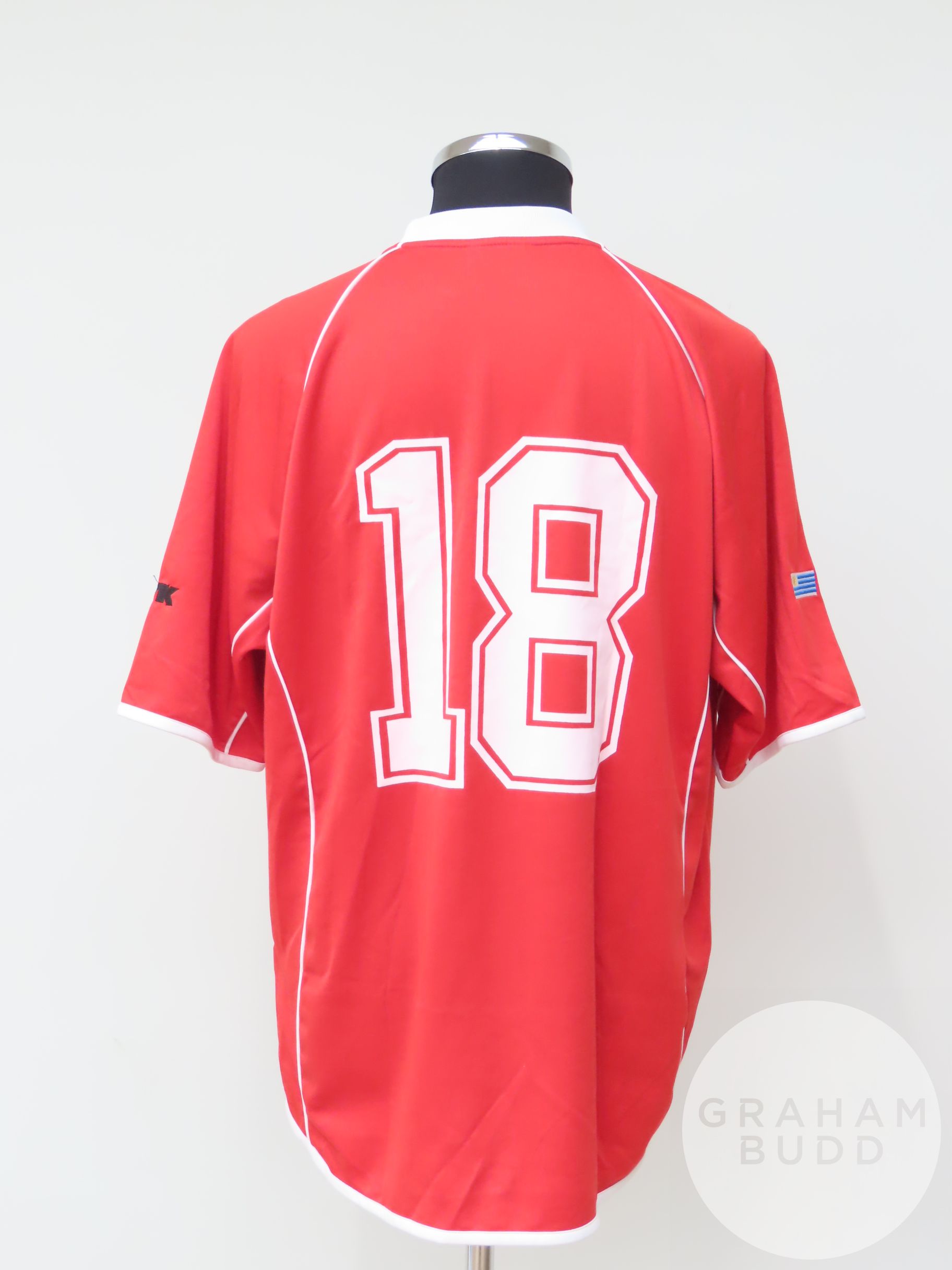 Red and white Uruguay no.18 away shirt, 2001, - Image 2 of 2