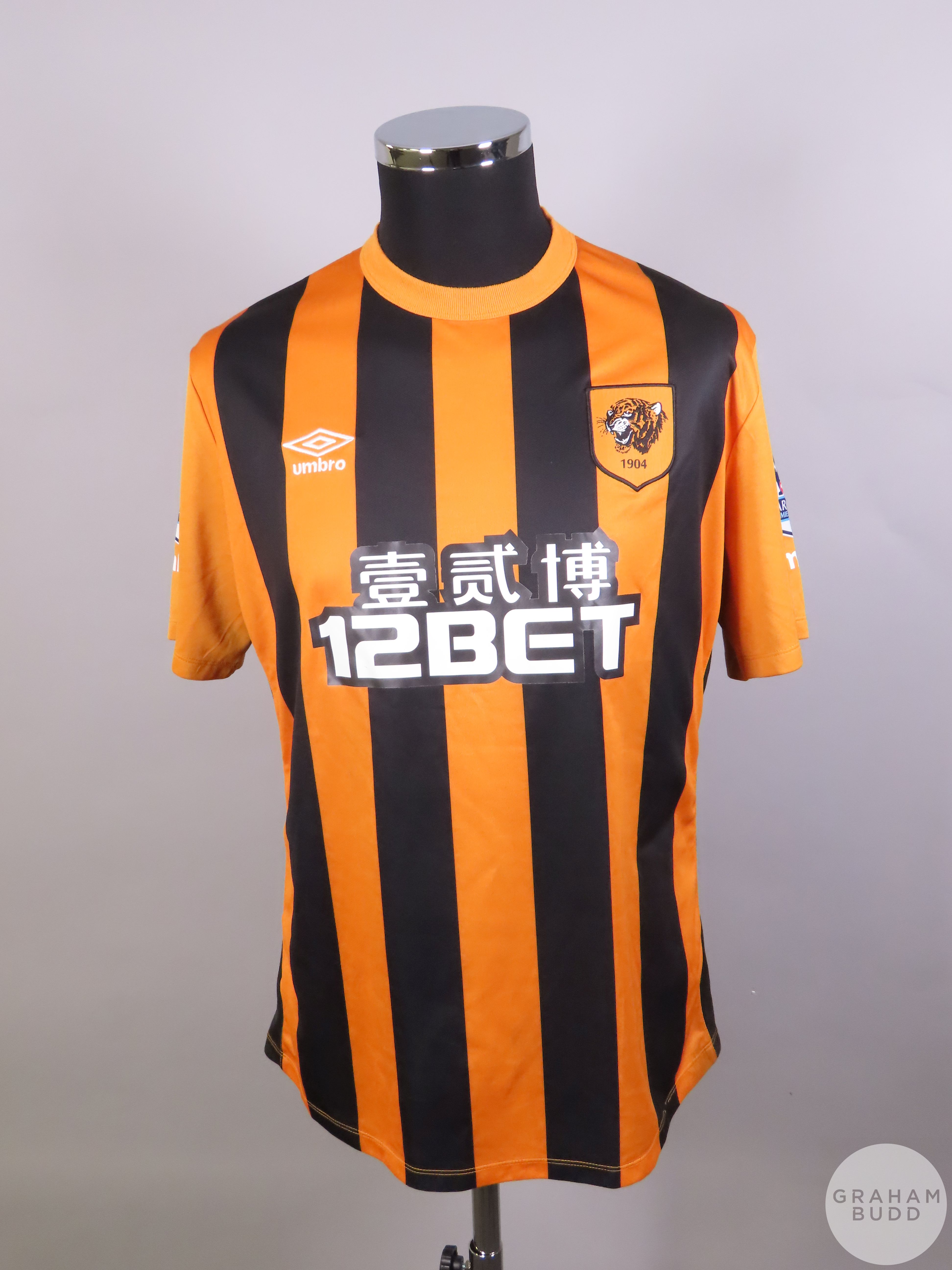 Tom Huddlestone orange and black No.8 Hull City player issue short sleeved shirt, 2014-15 Umbro XL