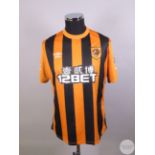 Tom Huddlestone orange and black No.8 Hull City player issue short sleeved shirt, 2014-15 Umbro XL