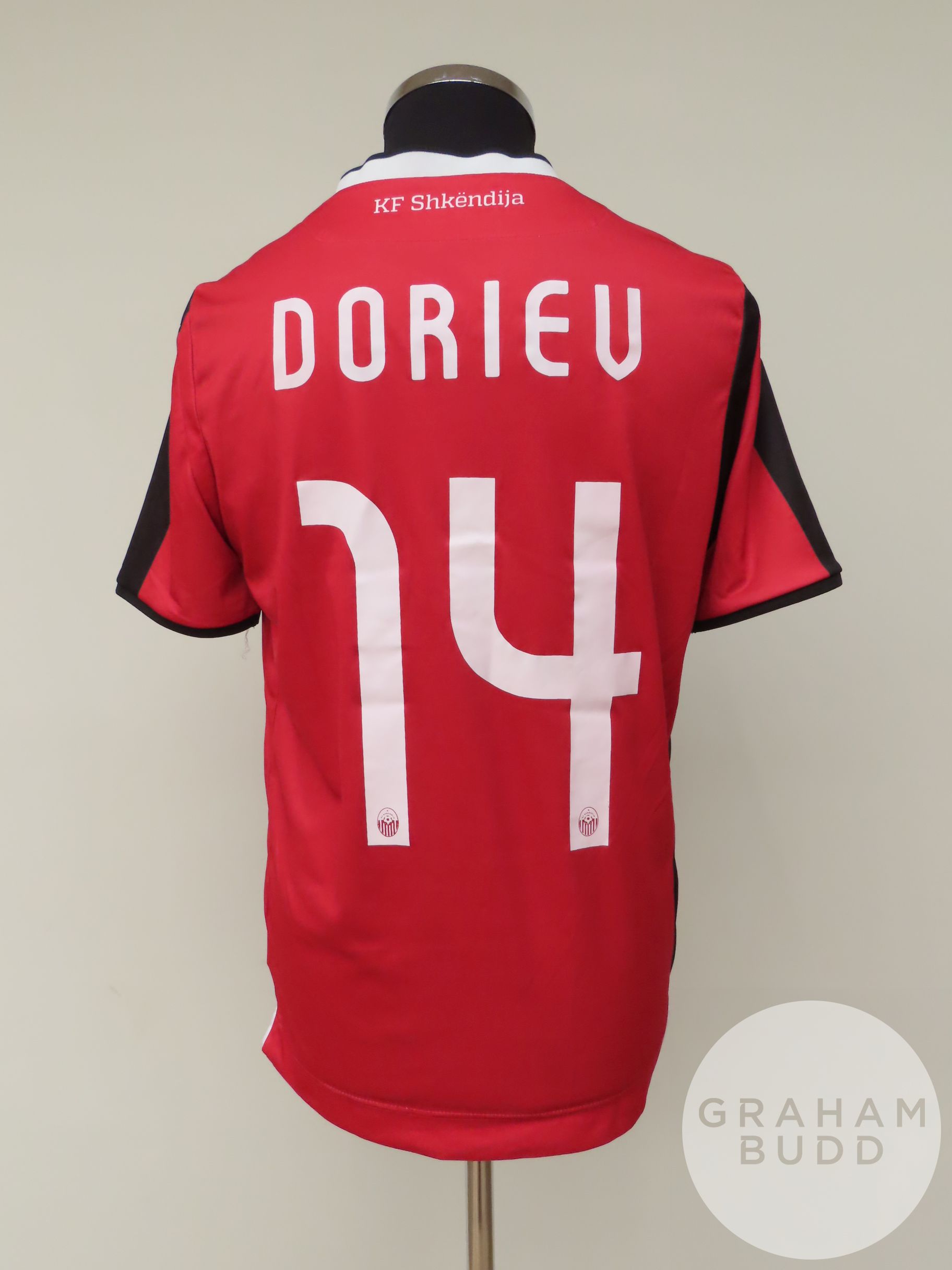 Ljupcho Doriev red, white and black Shkendija no.14 shirt, 2020-21, - Image 2 of 2