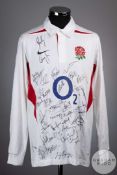 White and red England rugby shirt, bearing thirty-seven player autographs, 2004