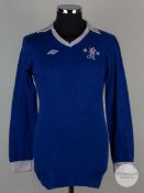 Gary Locke blue and white No.2 Chelsea match worn long-sleeved shirt, 1975-76