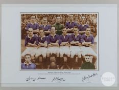 A colour photo of the Manchester United team in their blue shirts, 1948 F.A.Cup final.