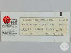 Manchester United v Real Madrid Centenary Match unused ticket, 7th August 1978